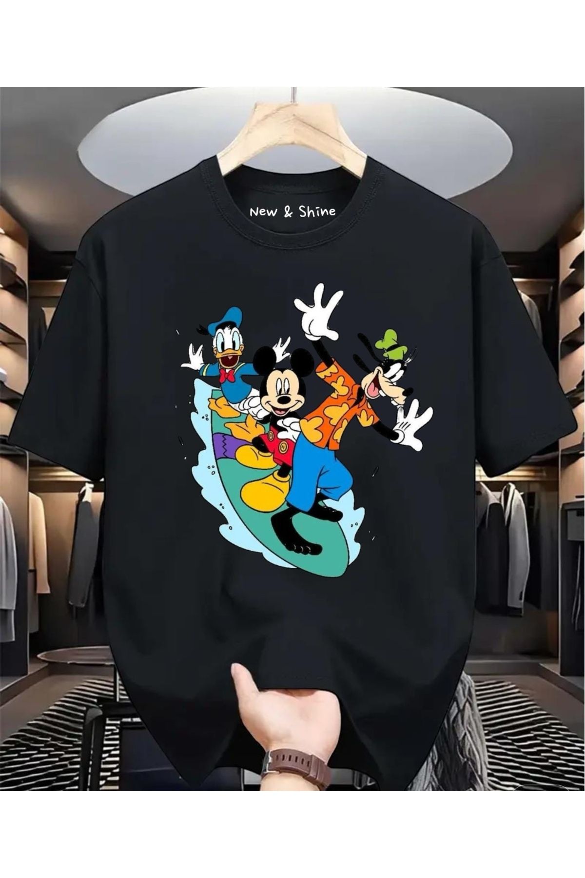 New Shine Disney Mickey Goofy Donald Baskılı Büyük Beden Oversize T-Shirt