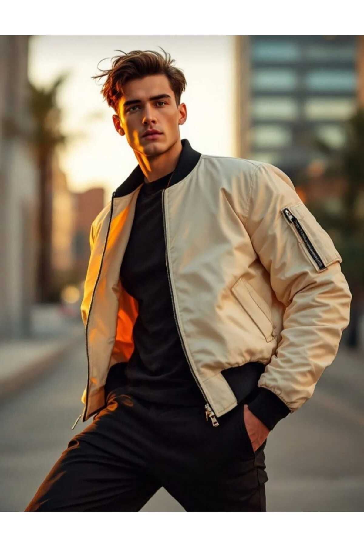 YUNED Unisex bej Oversize Çift Cepli Bomber Ceket Kolej Ceket