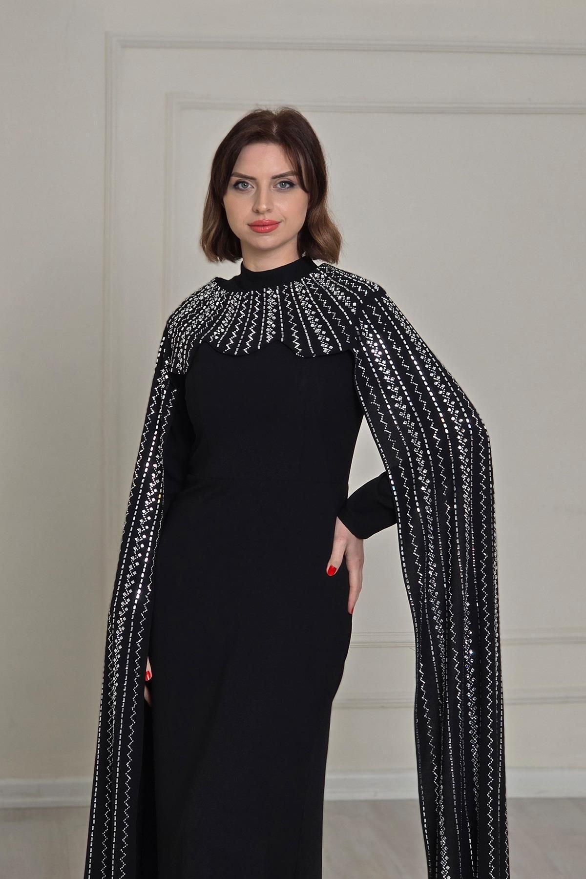 Yonca Moda Evi Siyah Pelerinli Taşlı Tasarım Abiye 9031