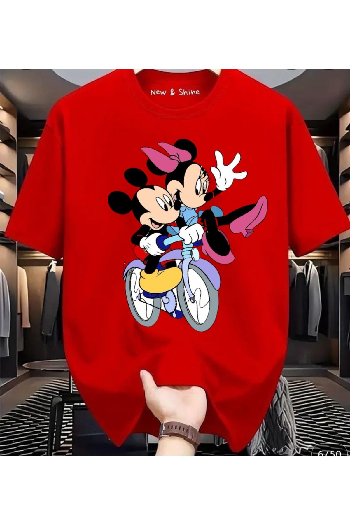 New Shine Mickey Minnie Mouse Baskılı Büyük Beden Oversize T-Shirt