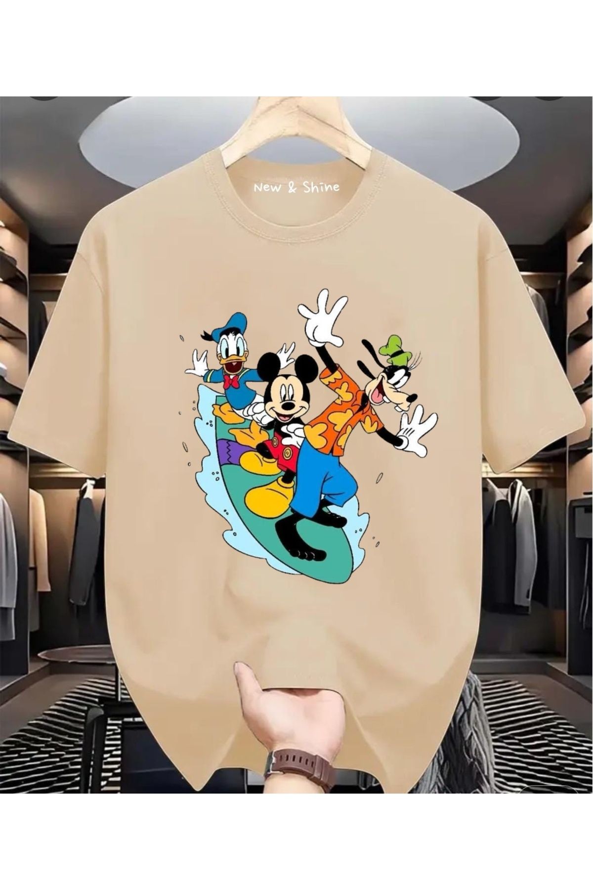 New Shine Disney Mickey Goofy Donald Baskılı Büyük Beden Oversize T-Shirt