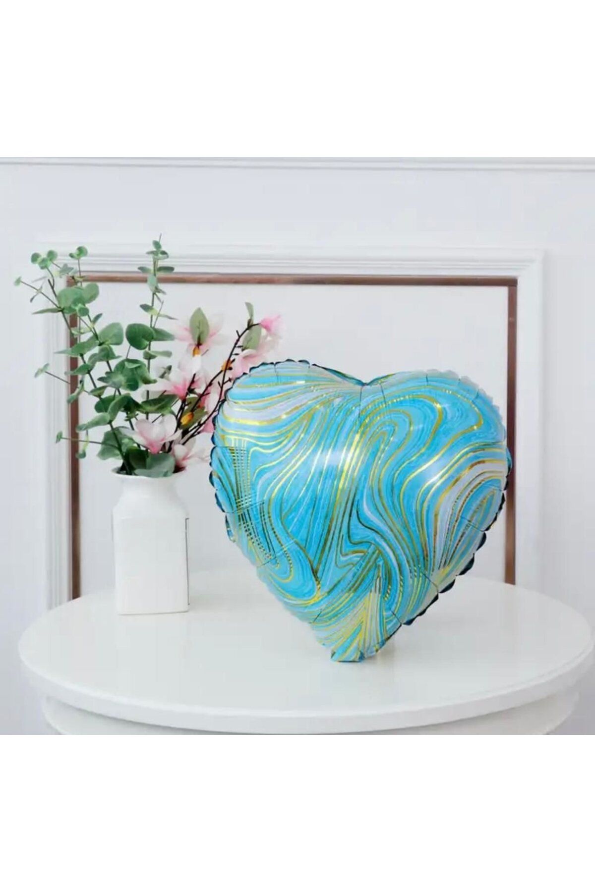 KBK MARKET Mermer Desenli Kalp Folyo Balon 45 cm Mavi