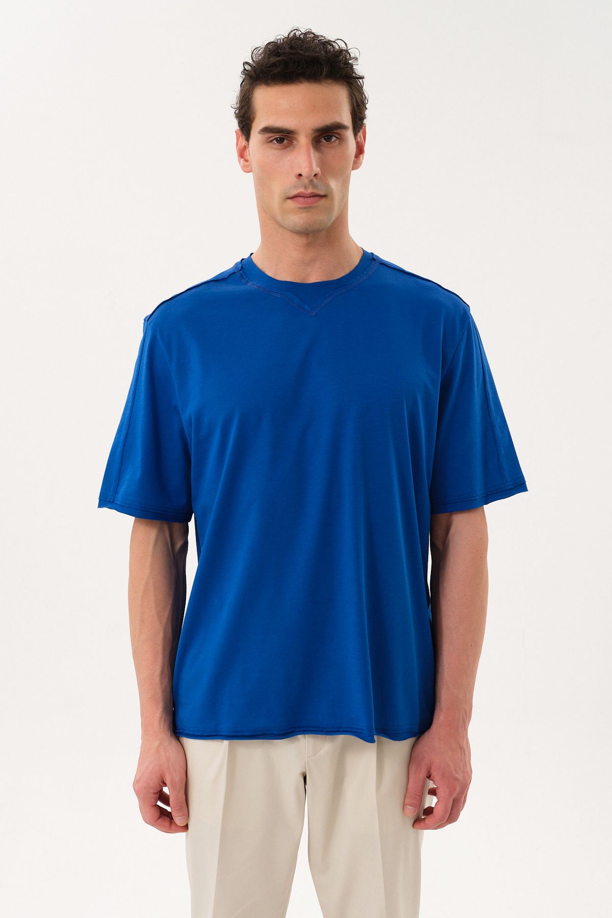 SPORTEMPT Eskitme Detaylı Erkek Oversize Bisiklet Yaka T-Shirt
