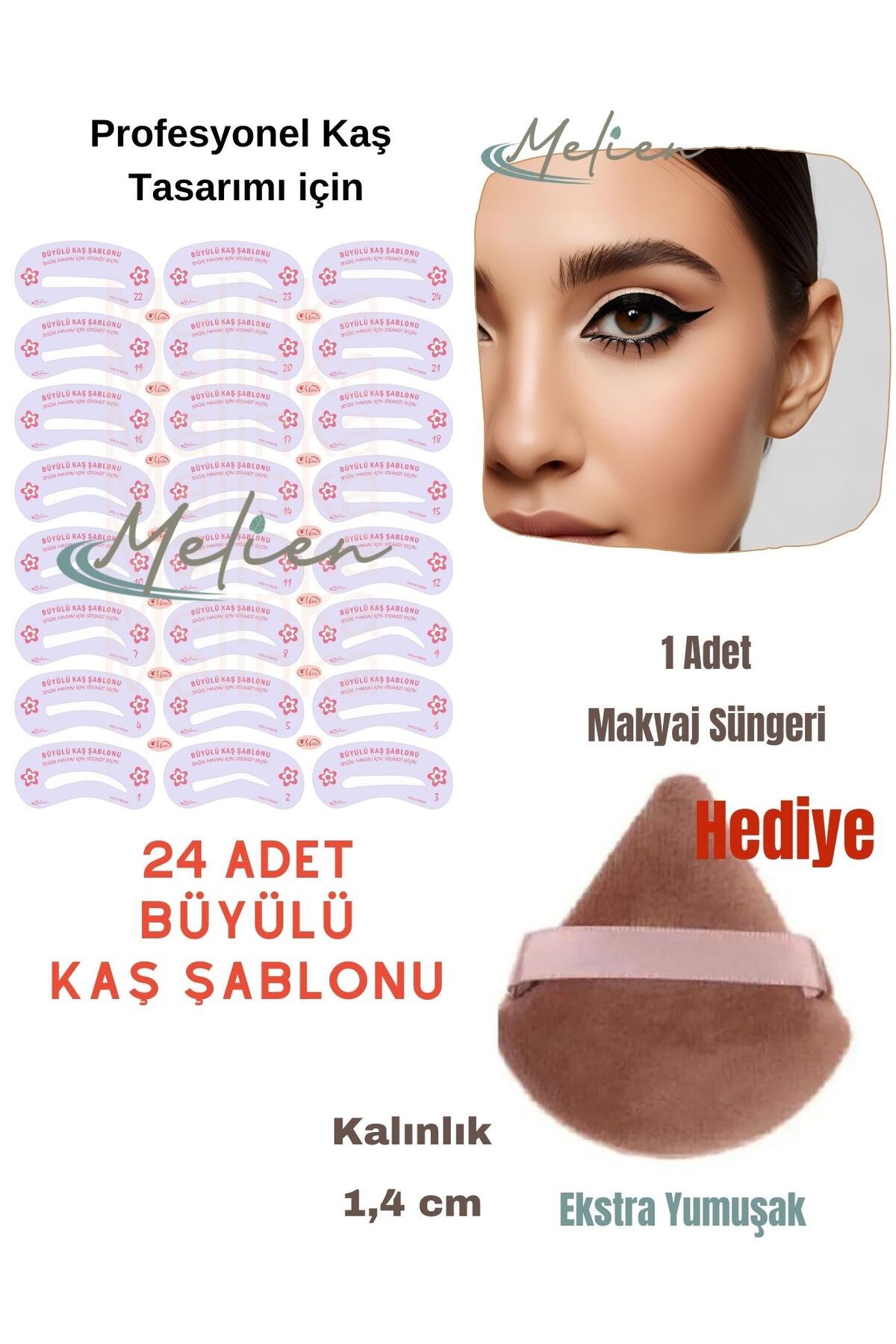 Melien 24 Adet Yeniden Kullanılabilir Kaş Şablonu Şekillendirici Göz Yüz Makyaj Süngeri Seti Kaş Kalıpları