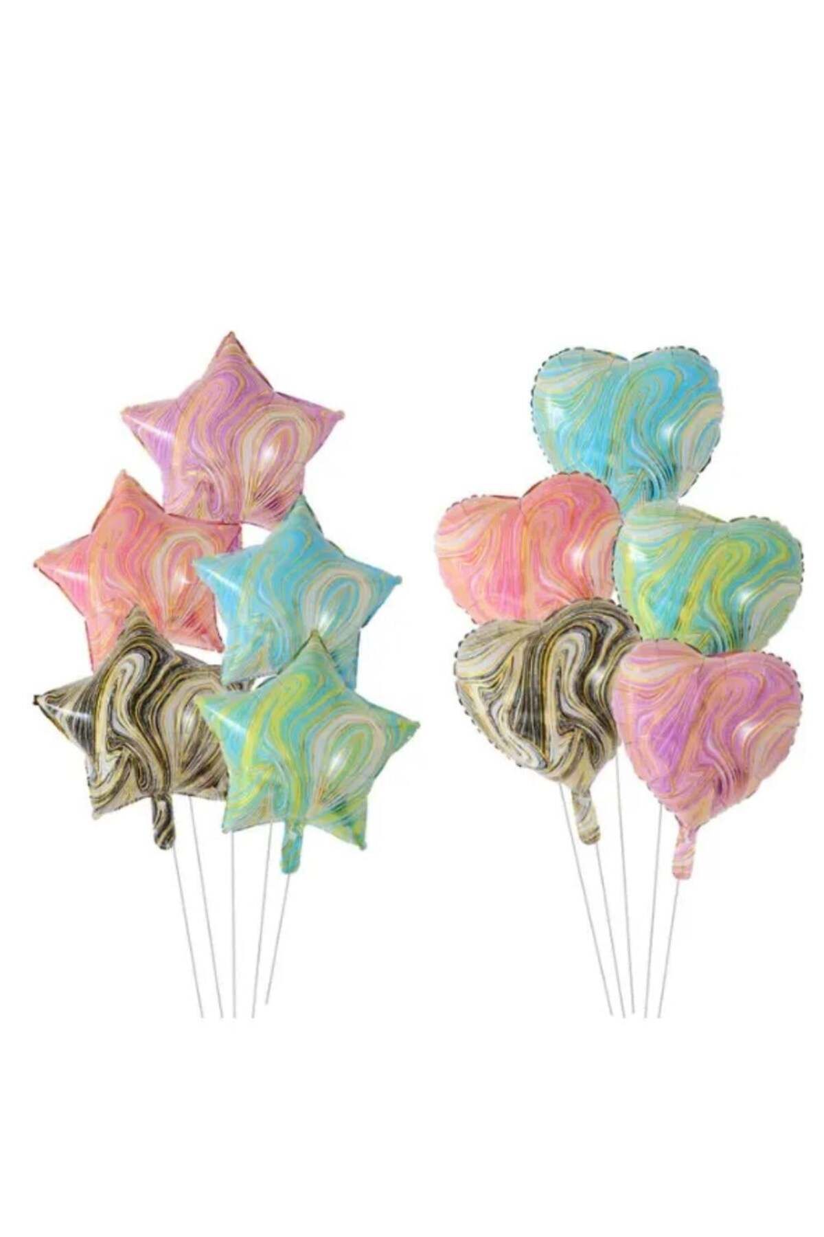 KBK MARKET 10 'lu Mermer Desenli Kalp ve Yıldız Folyo Balon Seti 45 cm