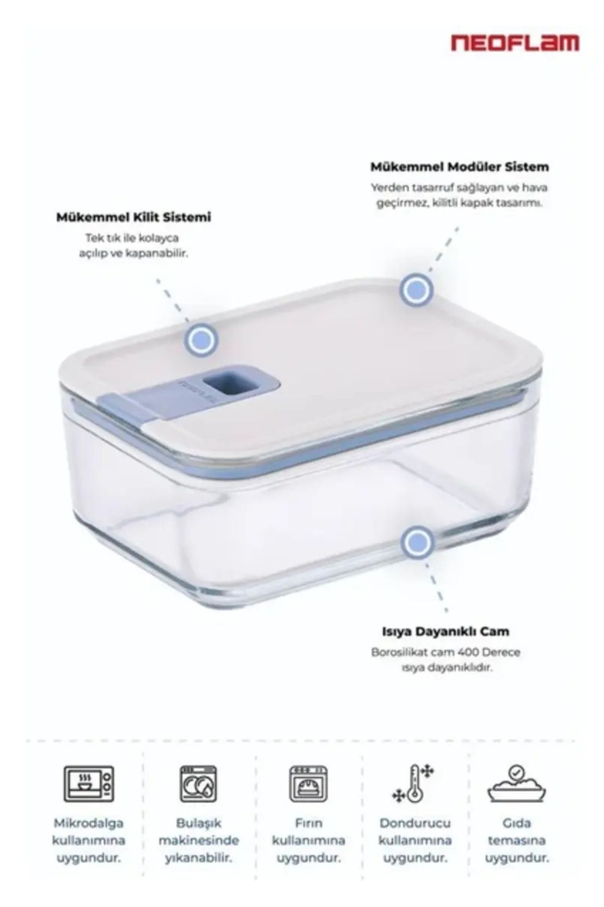 NEOFLAM-Perfect Seal Rectangular Glass Storage Container Set 4 Pieces 1600ml 3