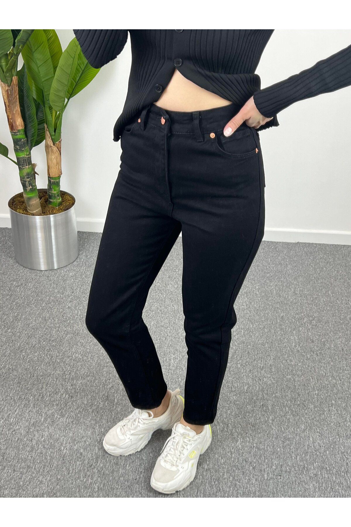 Bigowl Kadın Siyah Mom Jean Siyah Yüksek Bel Mom Fit Jean Pantolon