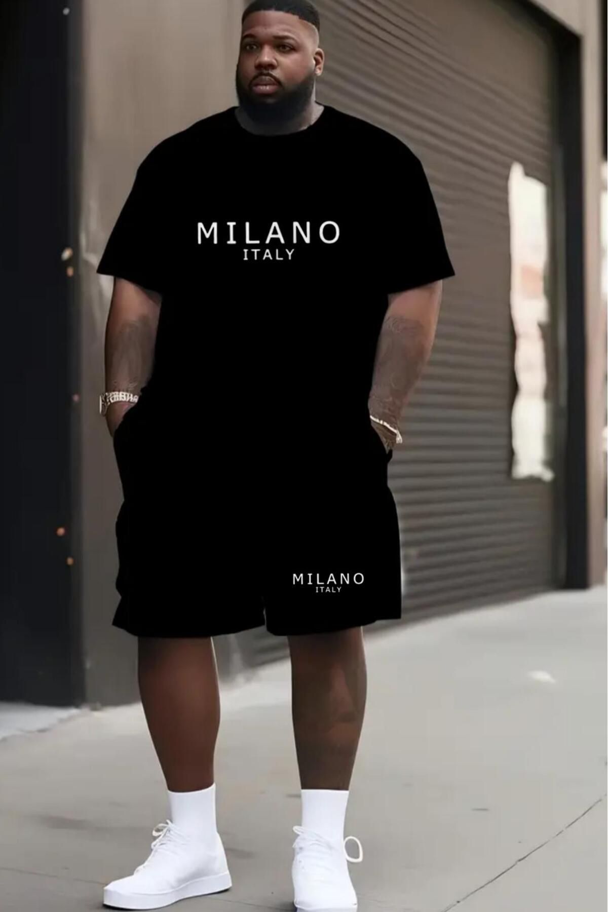 NO 601 Erkek Siyah T-shirt Siyah Şort Milano İtaly Büyük Beden Battal Beden Takımı