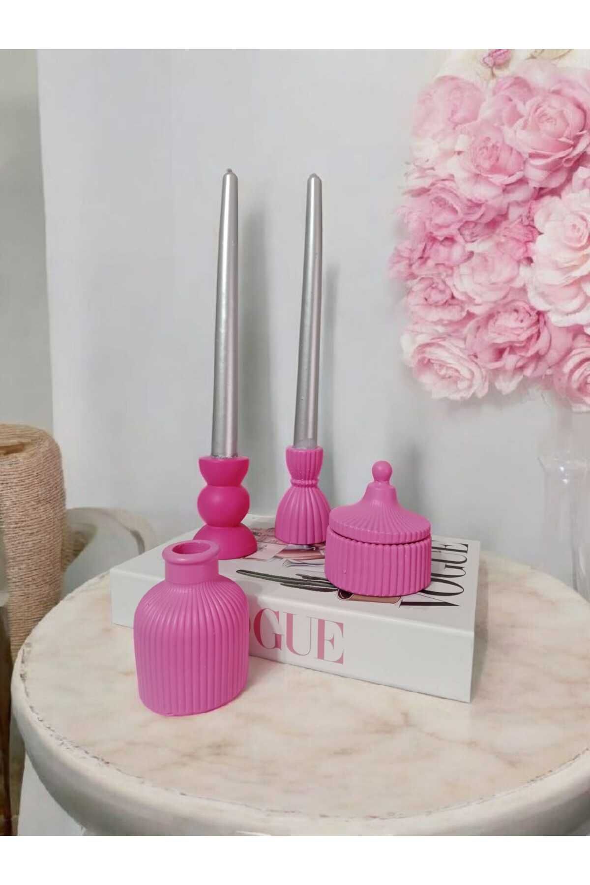 lambader Bohem Vazo,Şamdan ve Mumluk Dekoratif Set Pembe