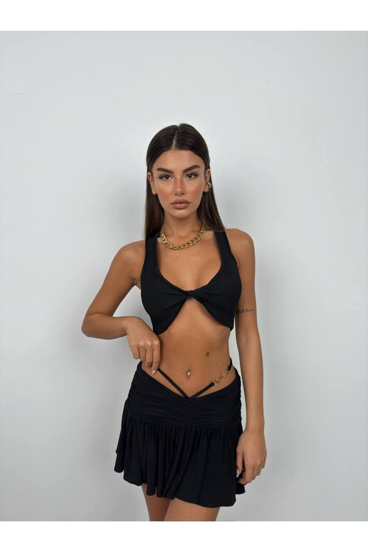 vuvutasarım Yeni Sezon Önden Bağlamalı Triko Kadın Crop Bluz 5226572
