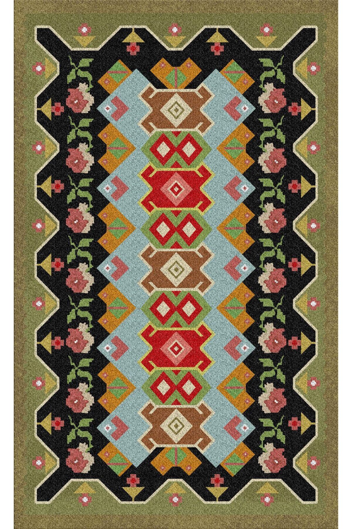 Rugs Modern Halı Opal Yeşil Siyah Etnik Desenli Dokuma Taban Modern Dekoratif Halı opal12