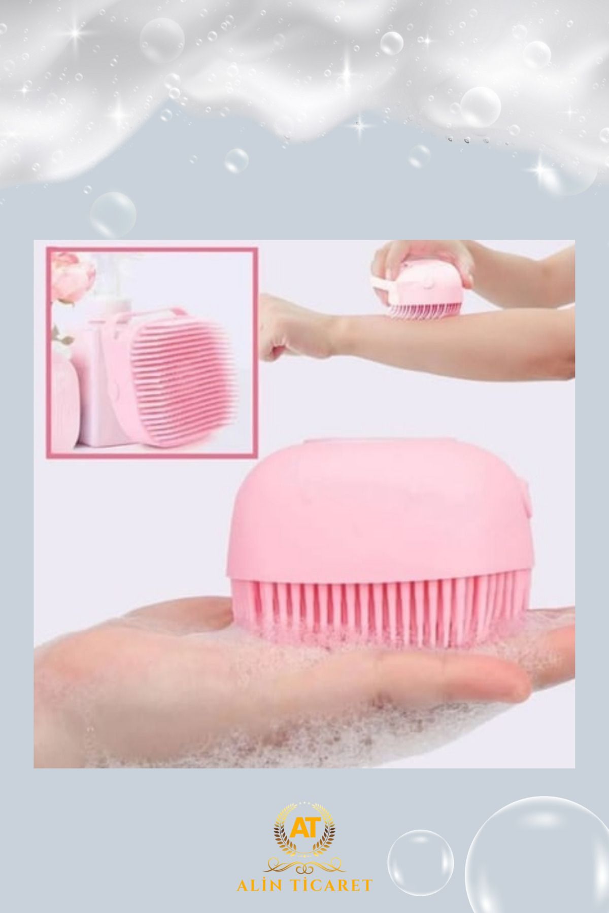 ALİN-Silicone Exfoliating Shower Brush with Shampoo Chamber Pink 2