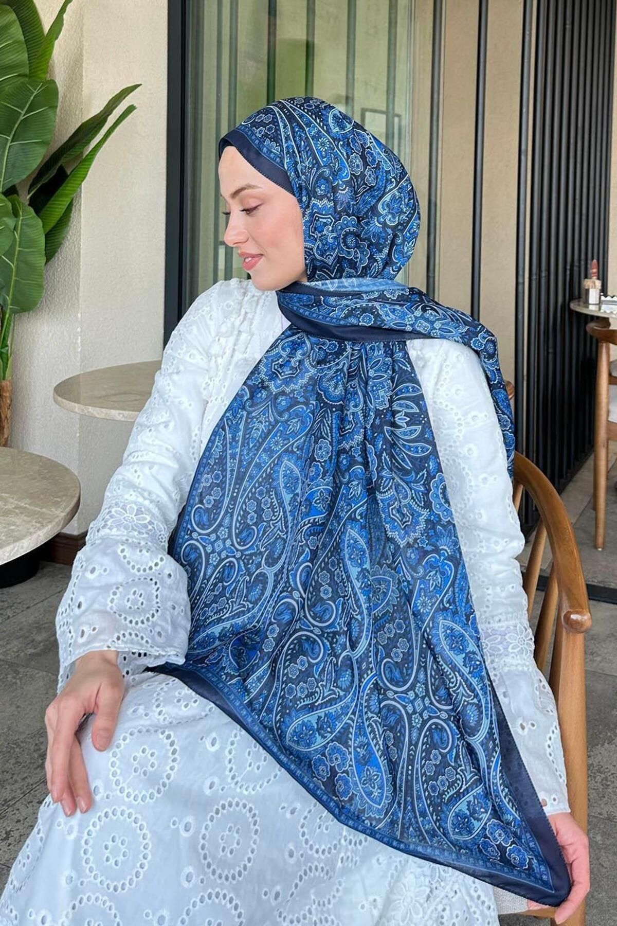 lamelif-Retro Pattern Soft Shawl Midnight Blue 4