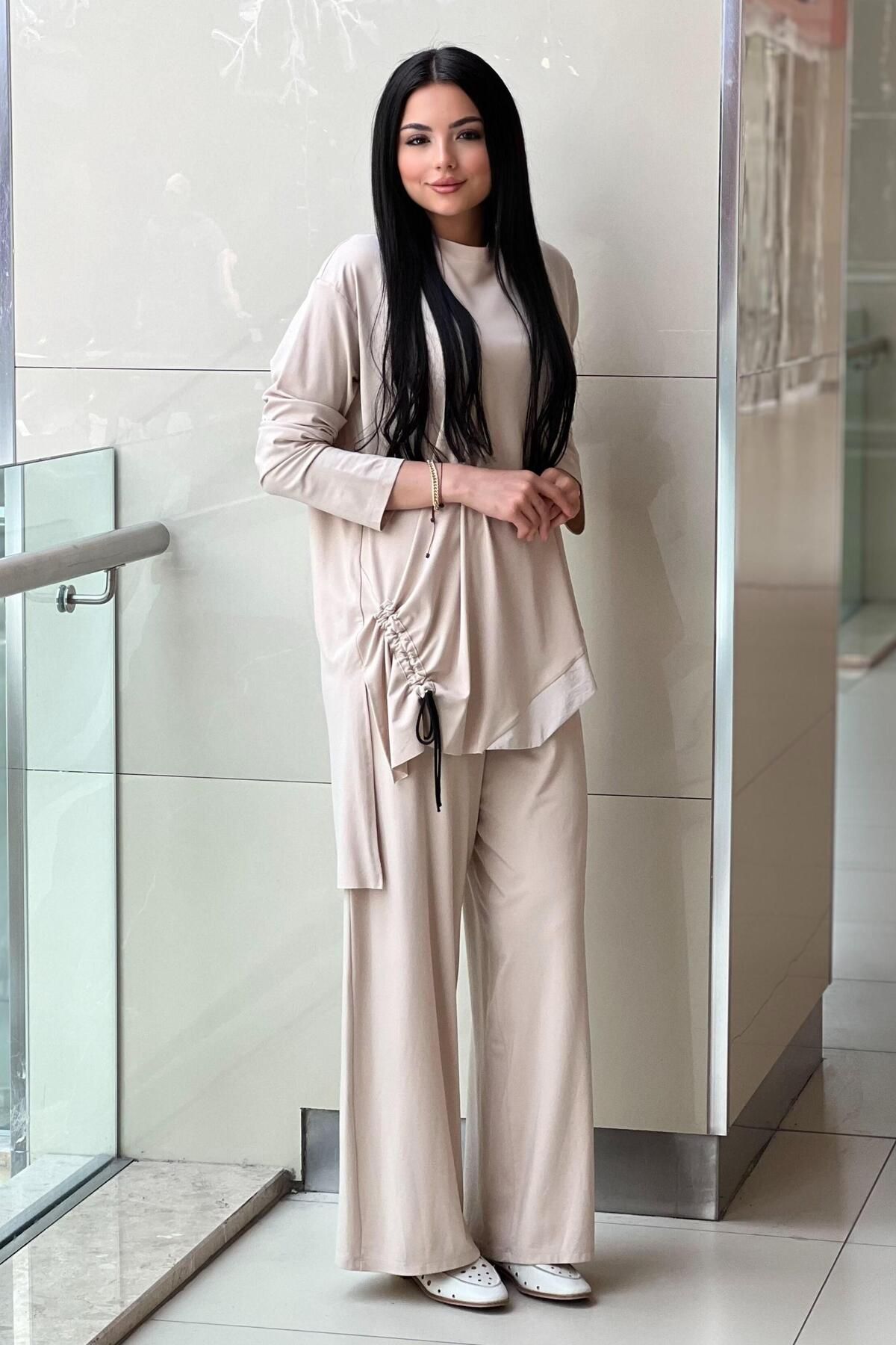Ceremony Tuniği Büzgü İp Ve Dubai Detay Bol Paça Pantolonlu Takım