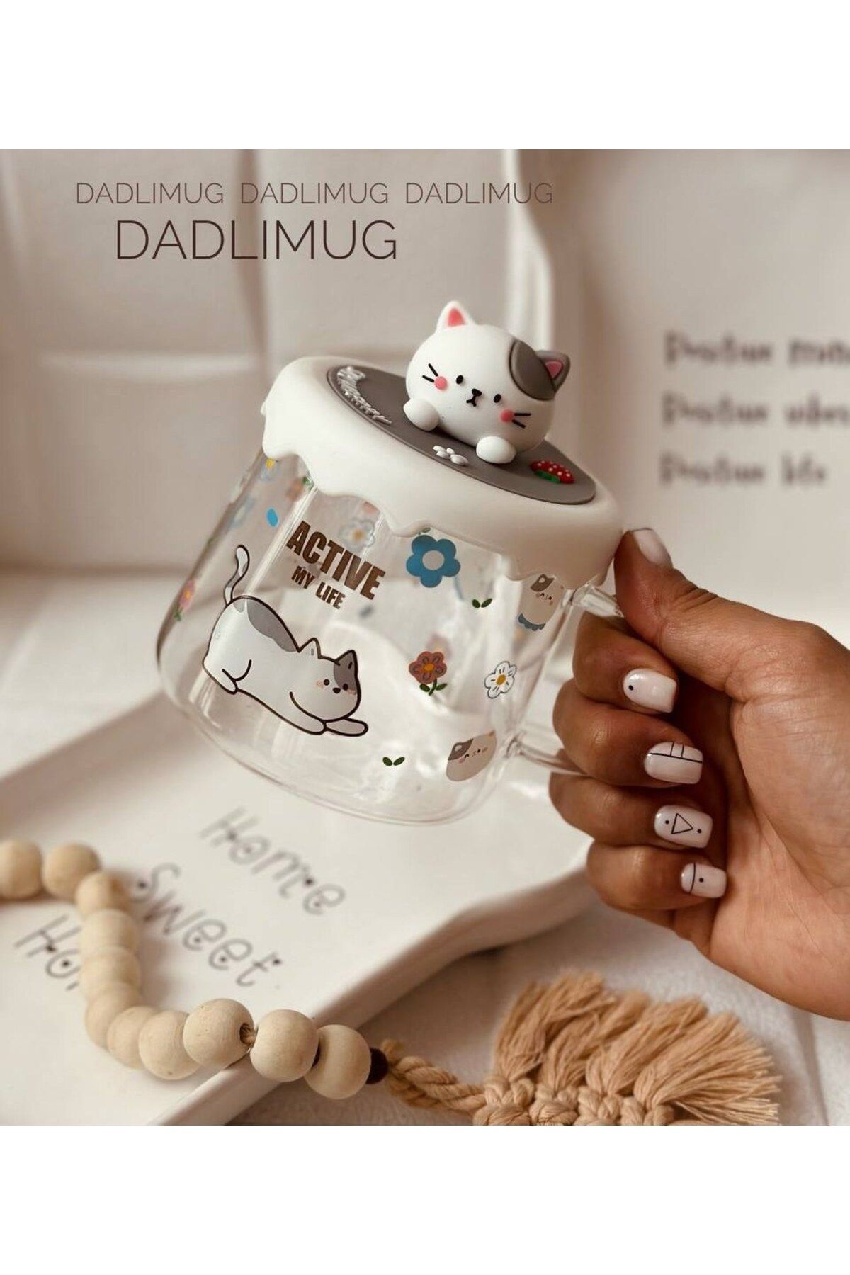 Two Two 1ADET-Renkli Hayvan Figürlü Silikon Kapaklı Pipetli Cam Kupa-Sevimli kedi-cat mug-sıcak soğuk içecek