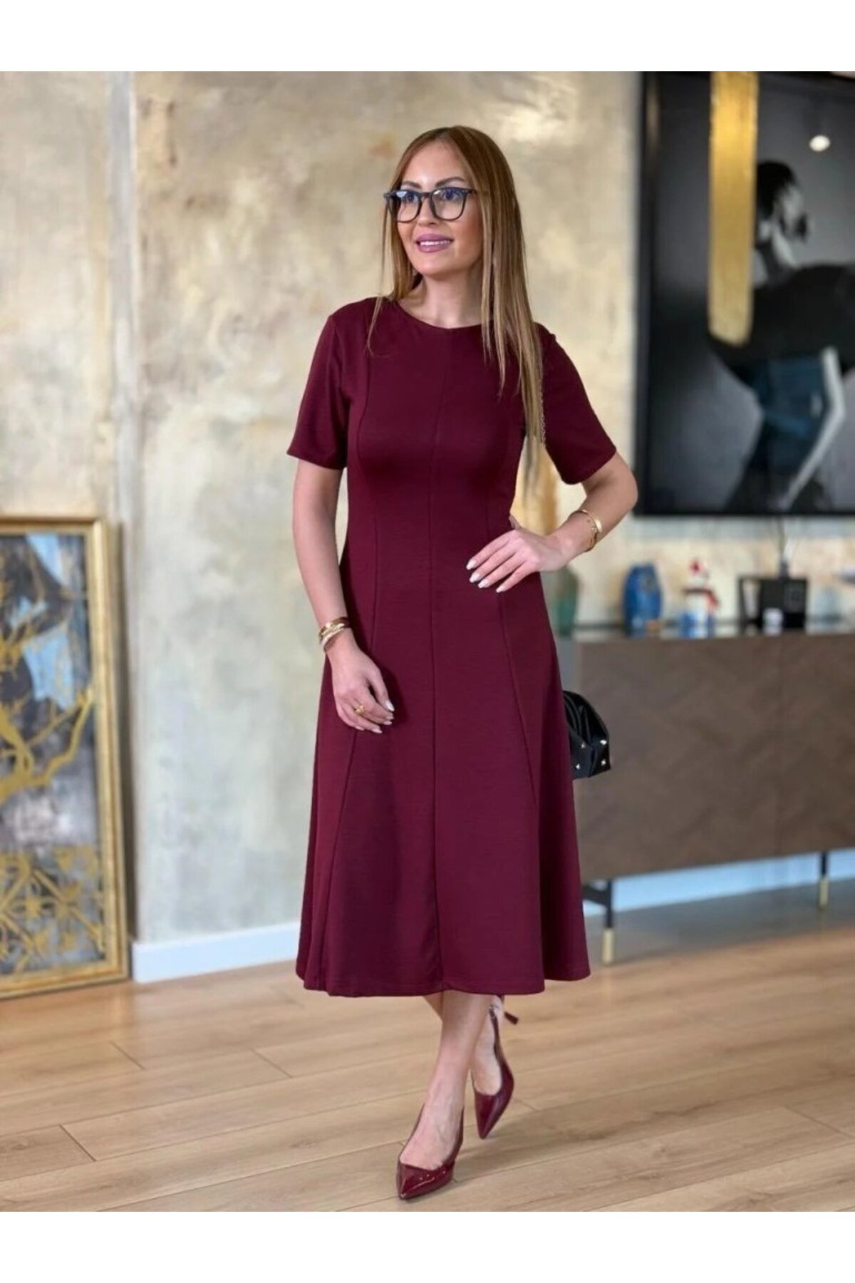 Kokosh moda-Women's Short Sleeve Crew Neck Midi Viscose Two Thread Dress 5