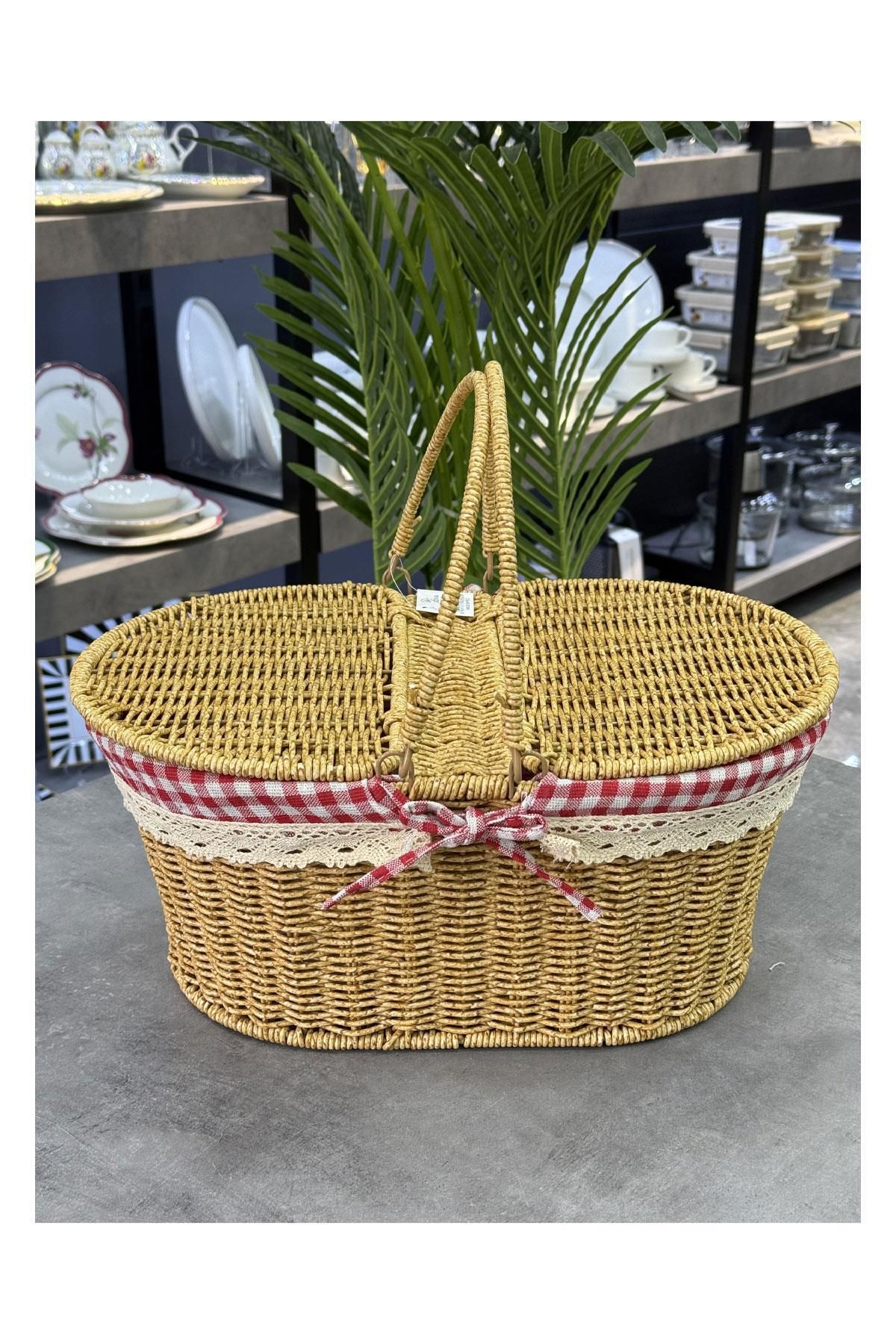 Doğudeko Oval Rattan Lüx Açık Kahve Piknik Sepeti