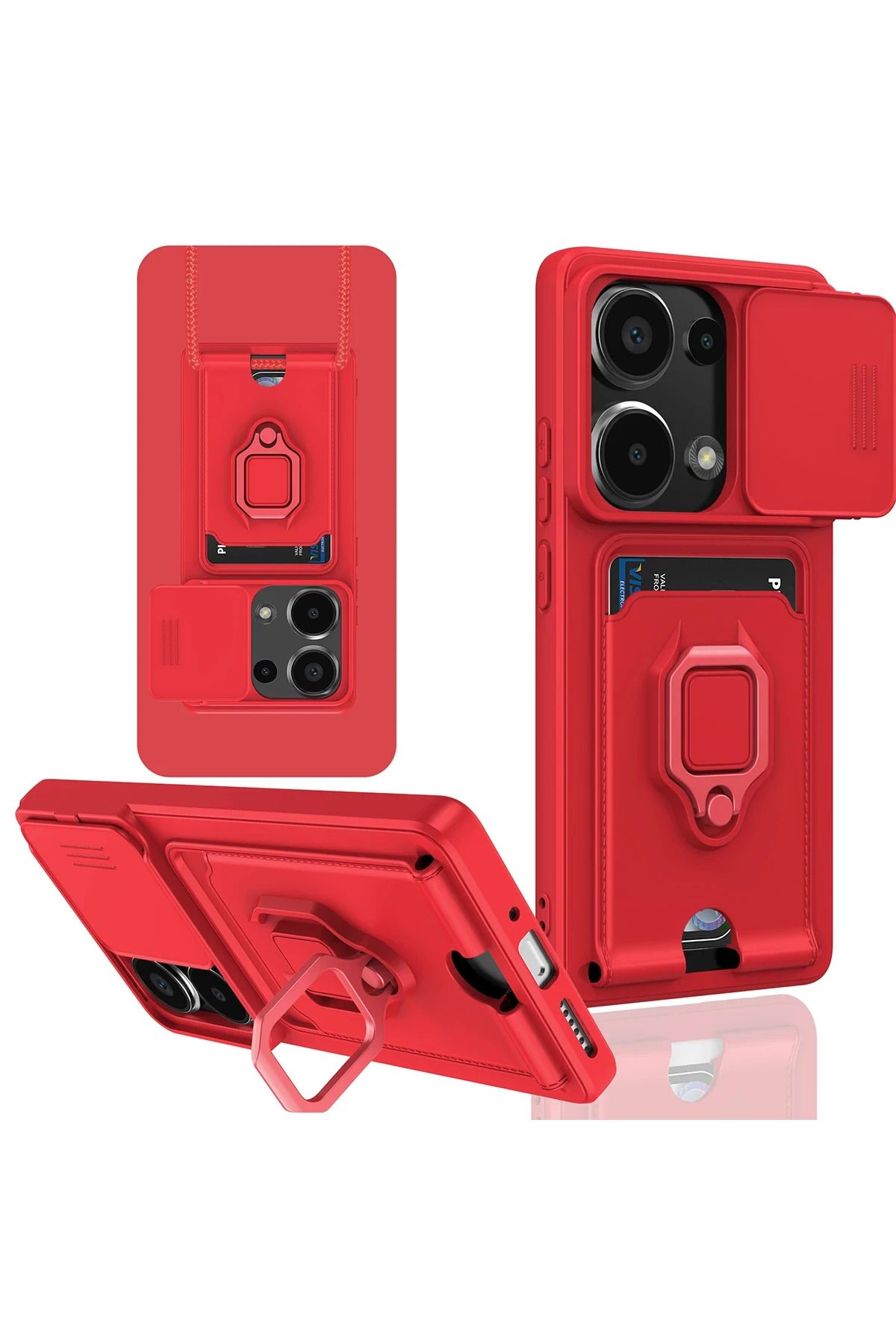 NewFace Xiaomi Redmi Note 13 Pro 4G Kılıf Zuma Kartvizitli Yüzüklü Silikon - Kırmızı FERRG