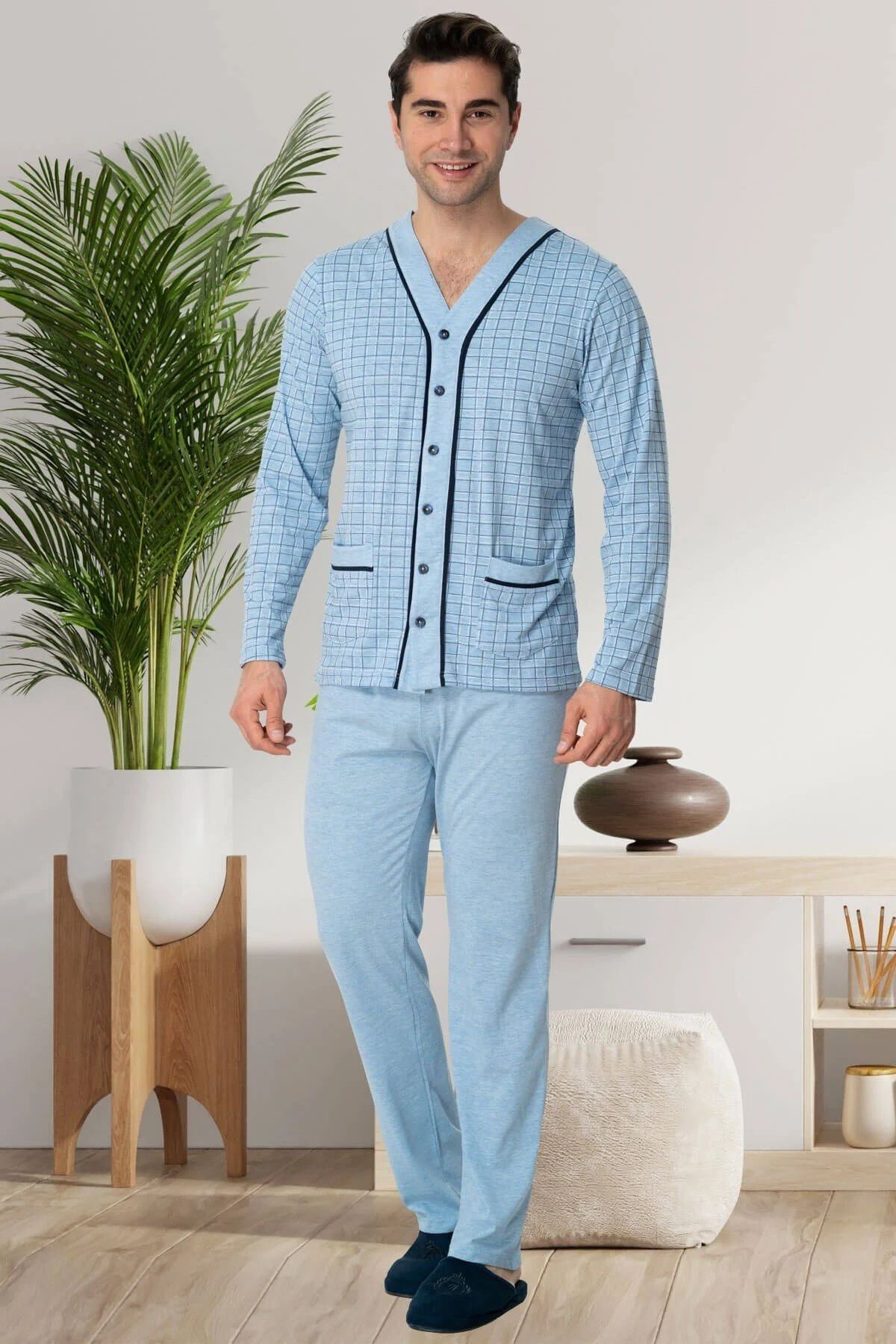 LOHOUSE Erkek Mavi Önden Düğmeli Büyük Beden (Battal Beden) Erkek Pijama Takımı