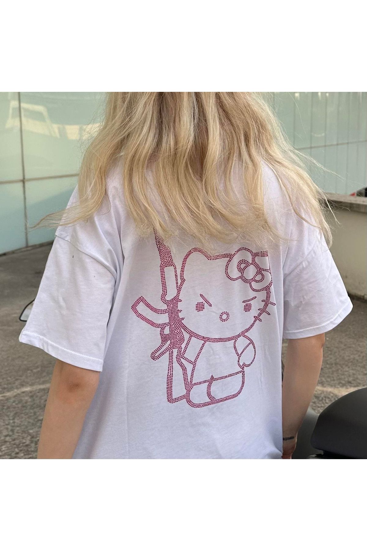 Gofeel Harajuku Beyaz Taşlı Hello Kitty Premium Oversize T-shirt