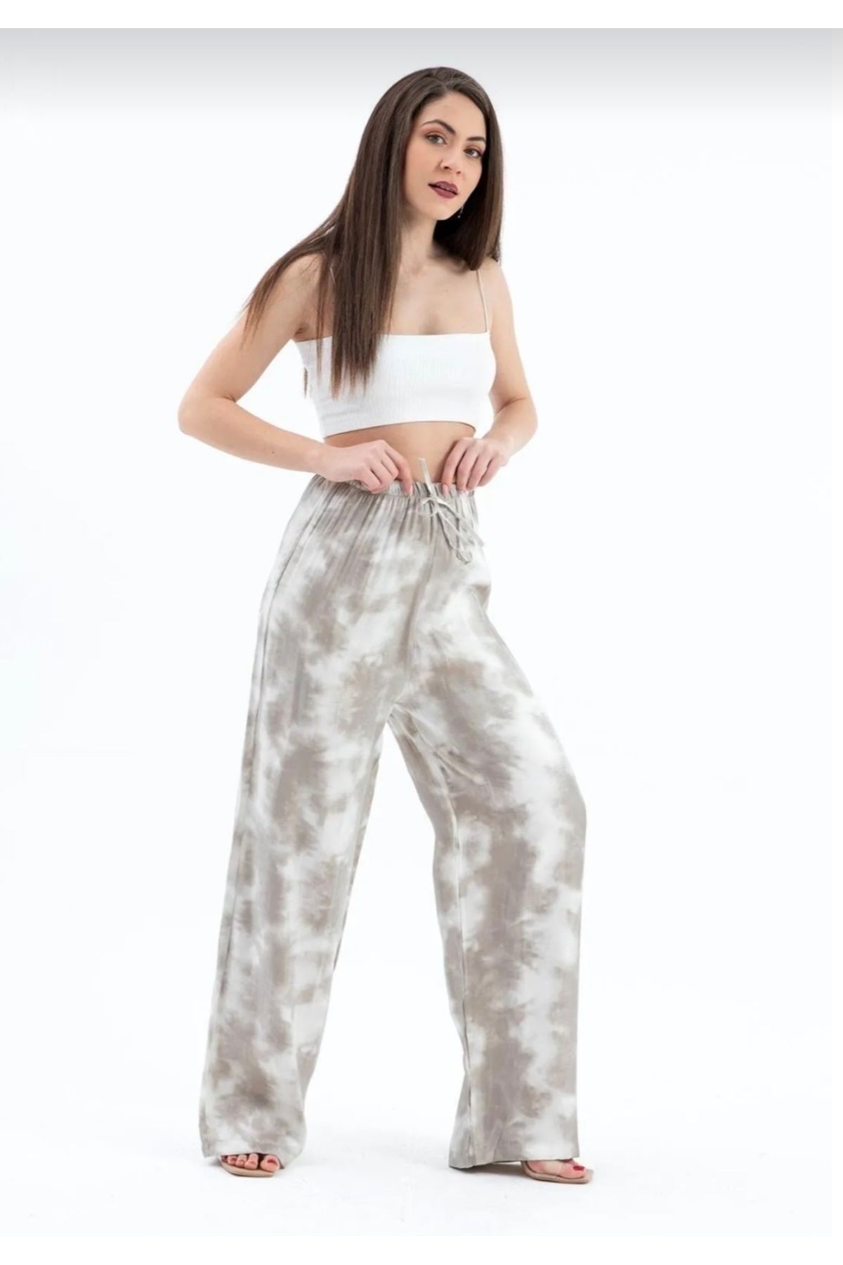 MODA Premium bel lastikli batik desenli parlak yüksek bel pantolon
