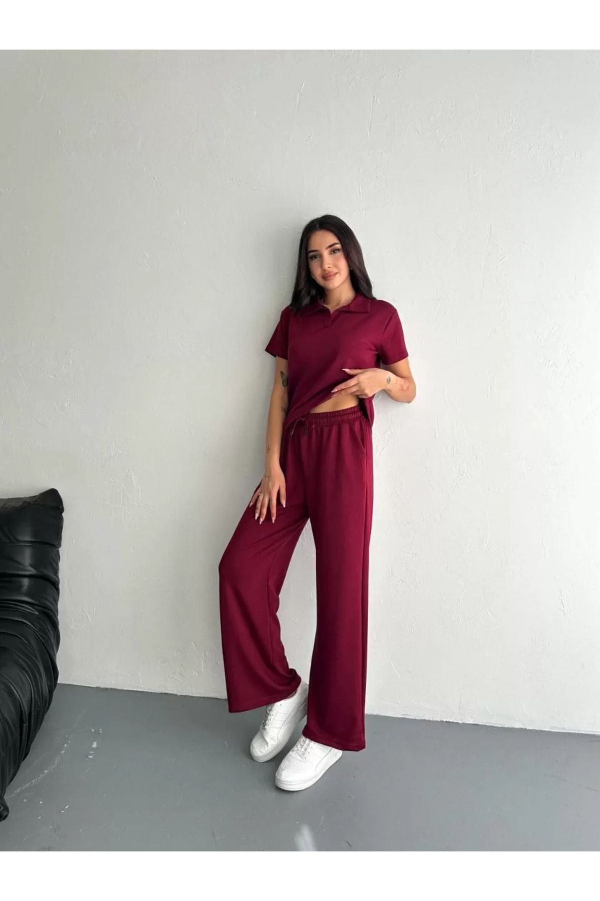 SA Alişveriş Dünyam Osy Modal Yumuşak Dokulu Kumaş Kısa Kollu Yakalı T-shirt Pantalon ikili Takım- Bordo