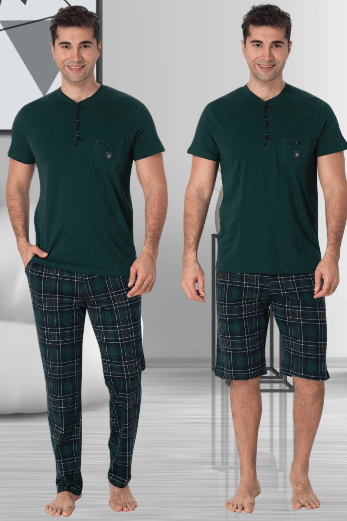 LOHOUSE Erkek Yeşil Ekoseli %100 Pamuk 3'lü Erkek Pijama ve Şort Takım