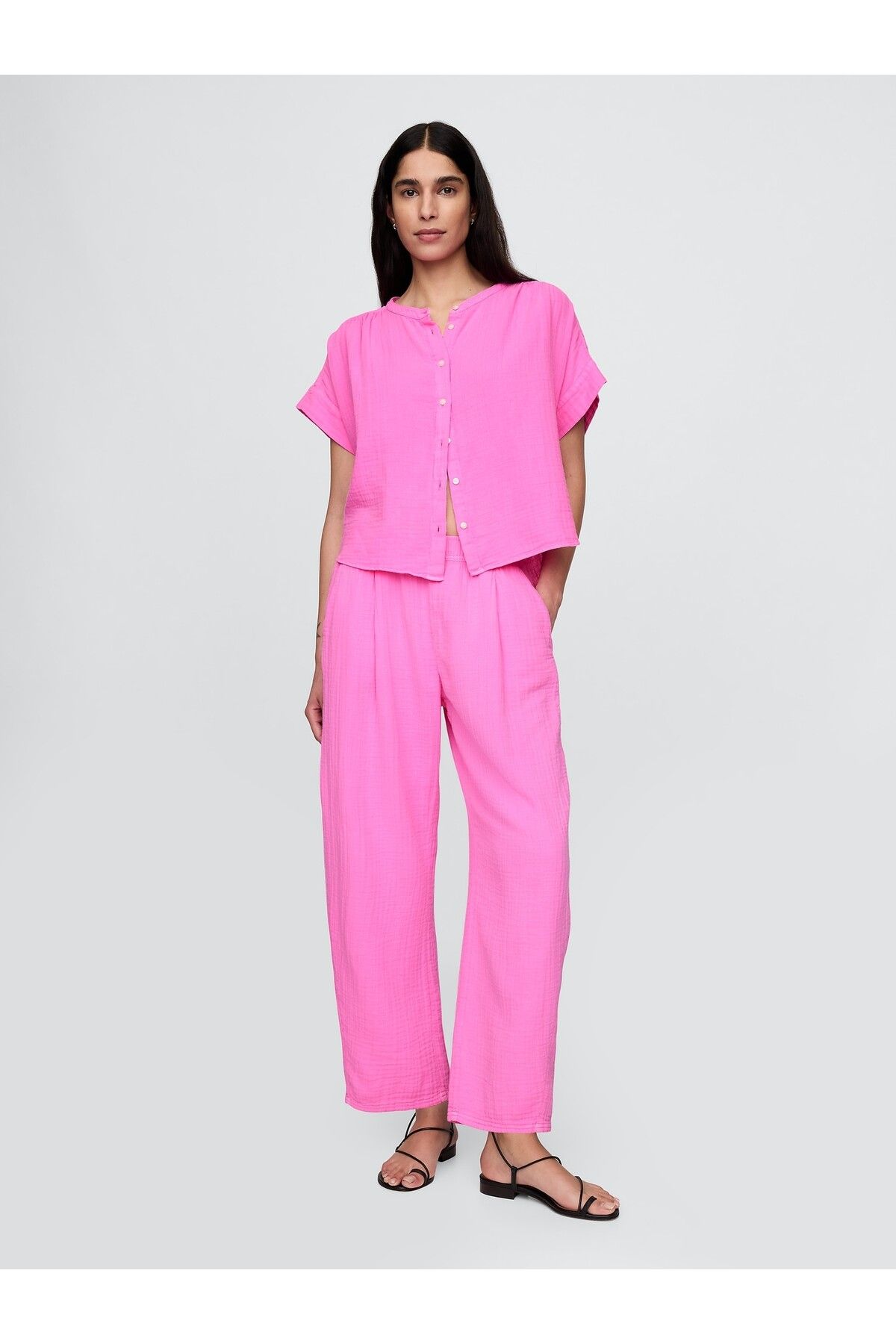 GAP Kadın Pembe Crinkle Gauze Easy Barrel Pantolon