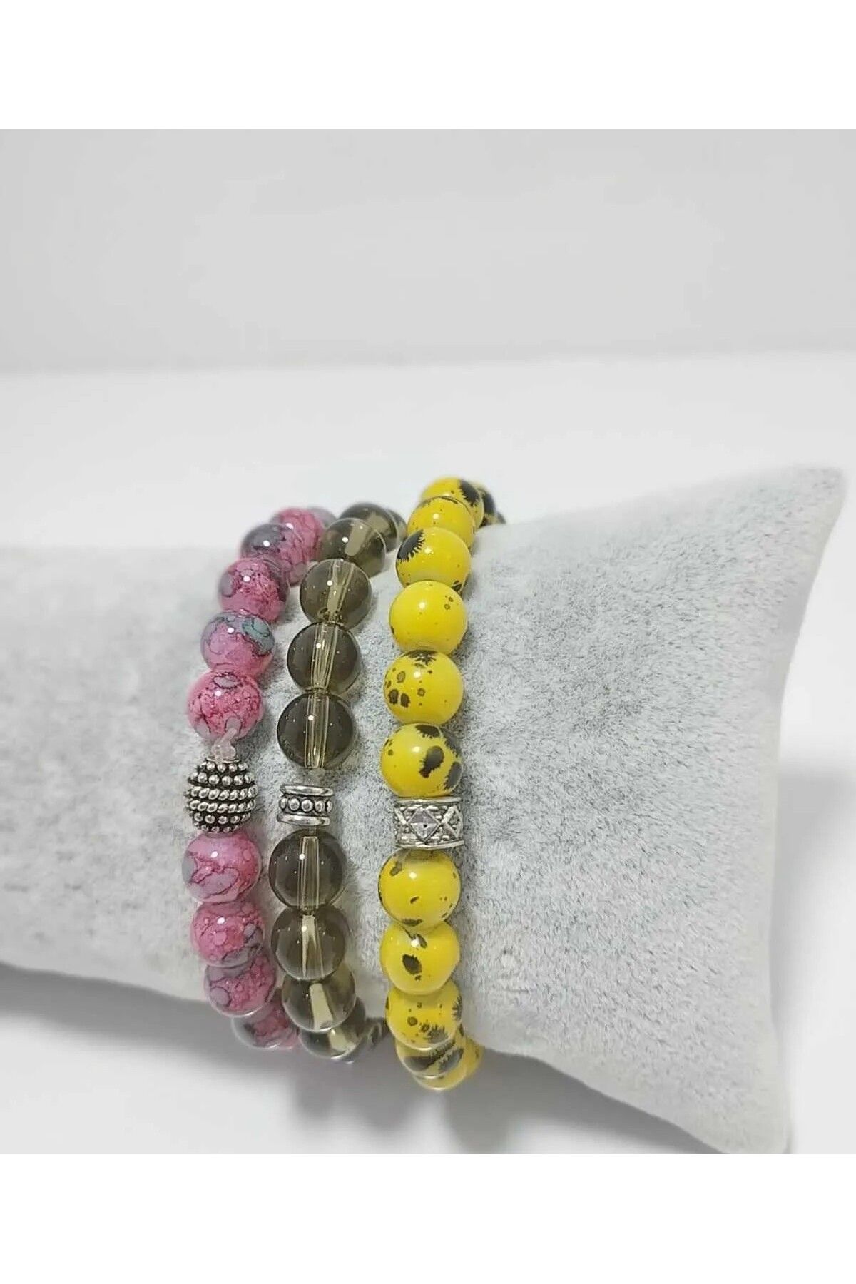 İZMİR.ACCESSORİZE TAKI & BİJUTERİ & AKSESUAR RENKLİ CAM BONCUK BİLEKLİK SET 3 ADET PEMBE & YEŞİL & SARI