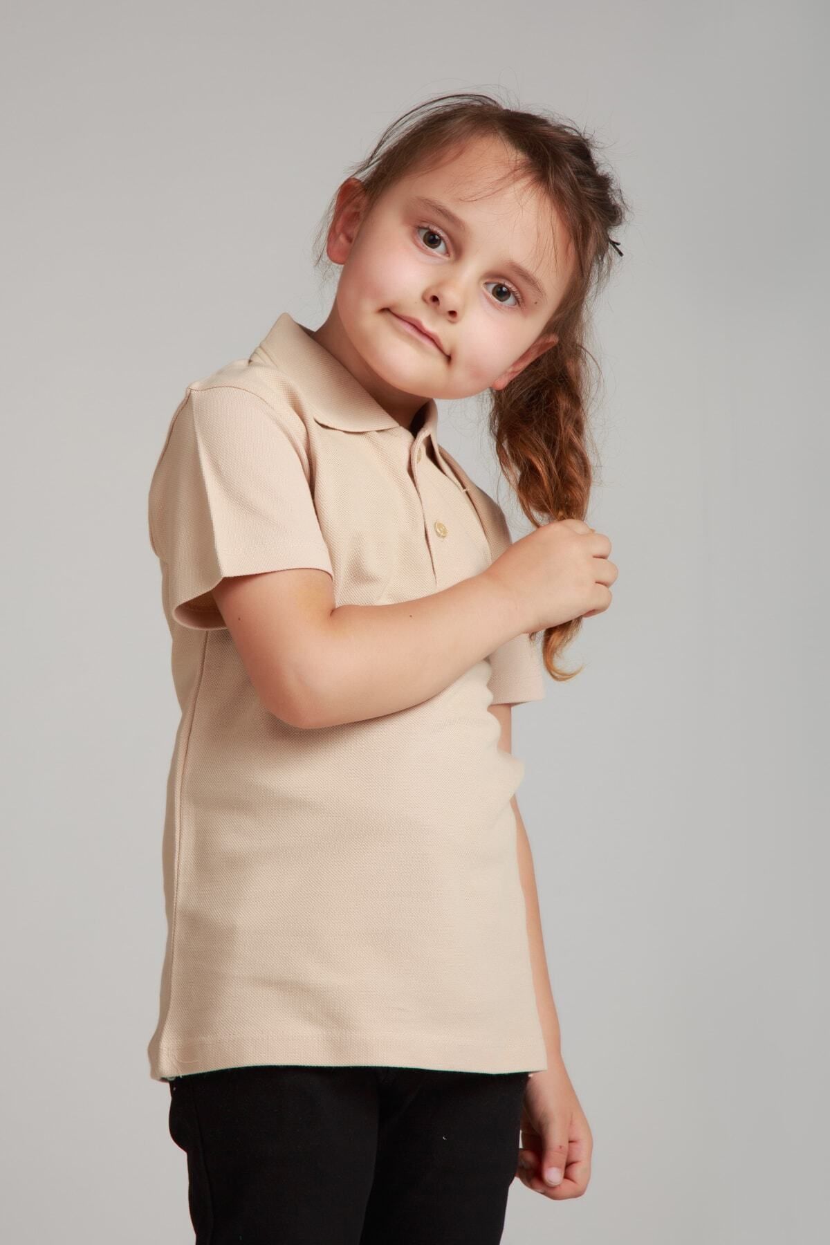 Trendy Mall Çocuk Krem Polo Yaka Okul Penye T-shirt