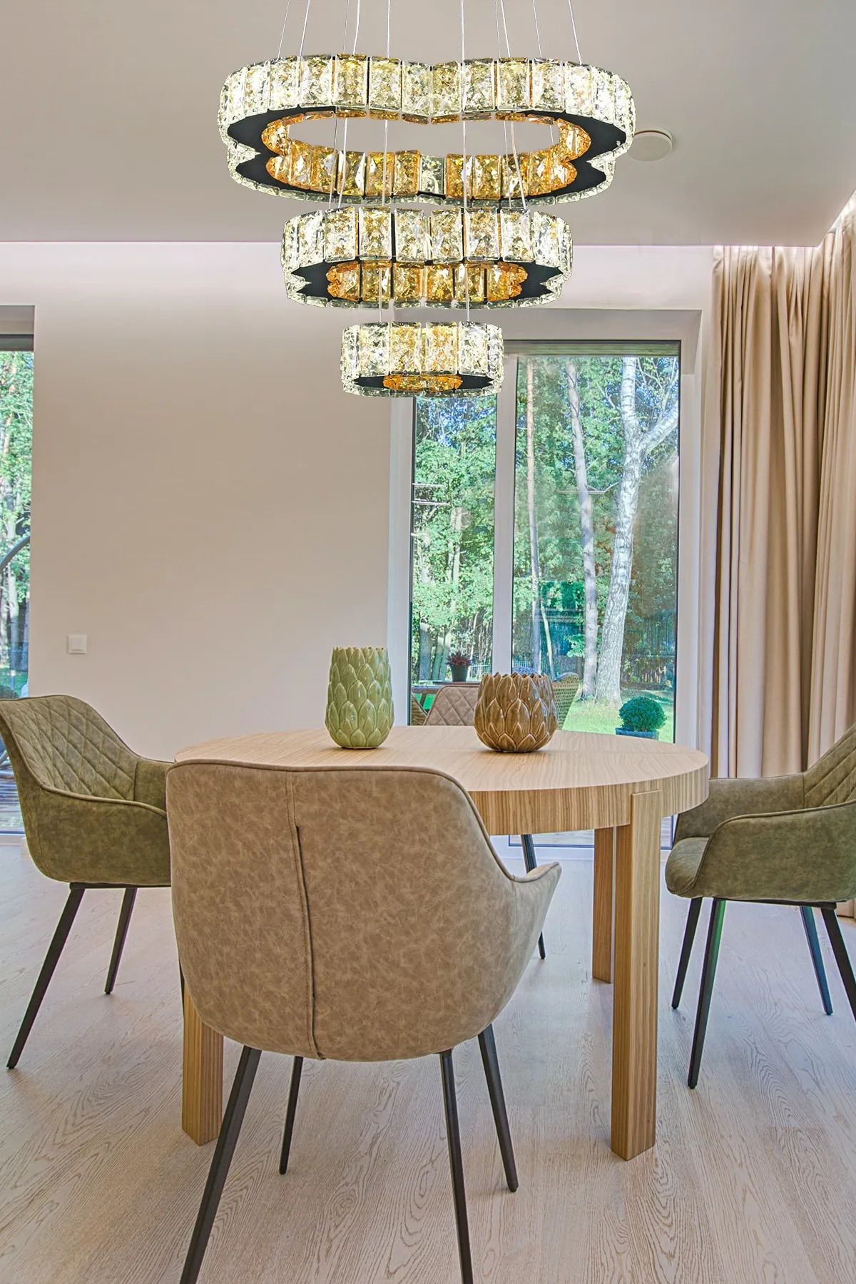 VAV AVİZE Kristal Modern LED Sarkıt Avize 3 Katlı Üç Renk Işık Ayarlı-Ayarlanabilir Yükseklik Lüks Salon Avize