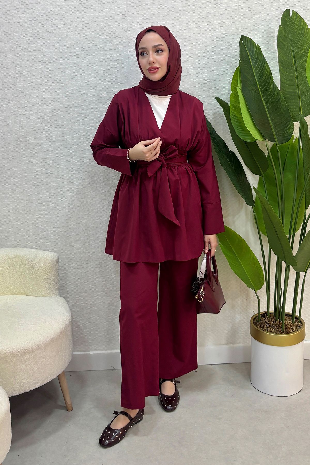Tesettür Diyarı Kadın Yazlık Kumaş Beli Kuşak Detaylı 2'li Takım- Bordo