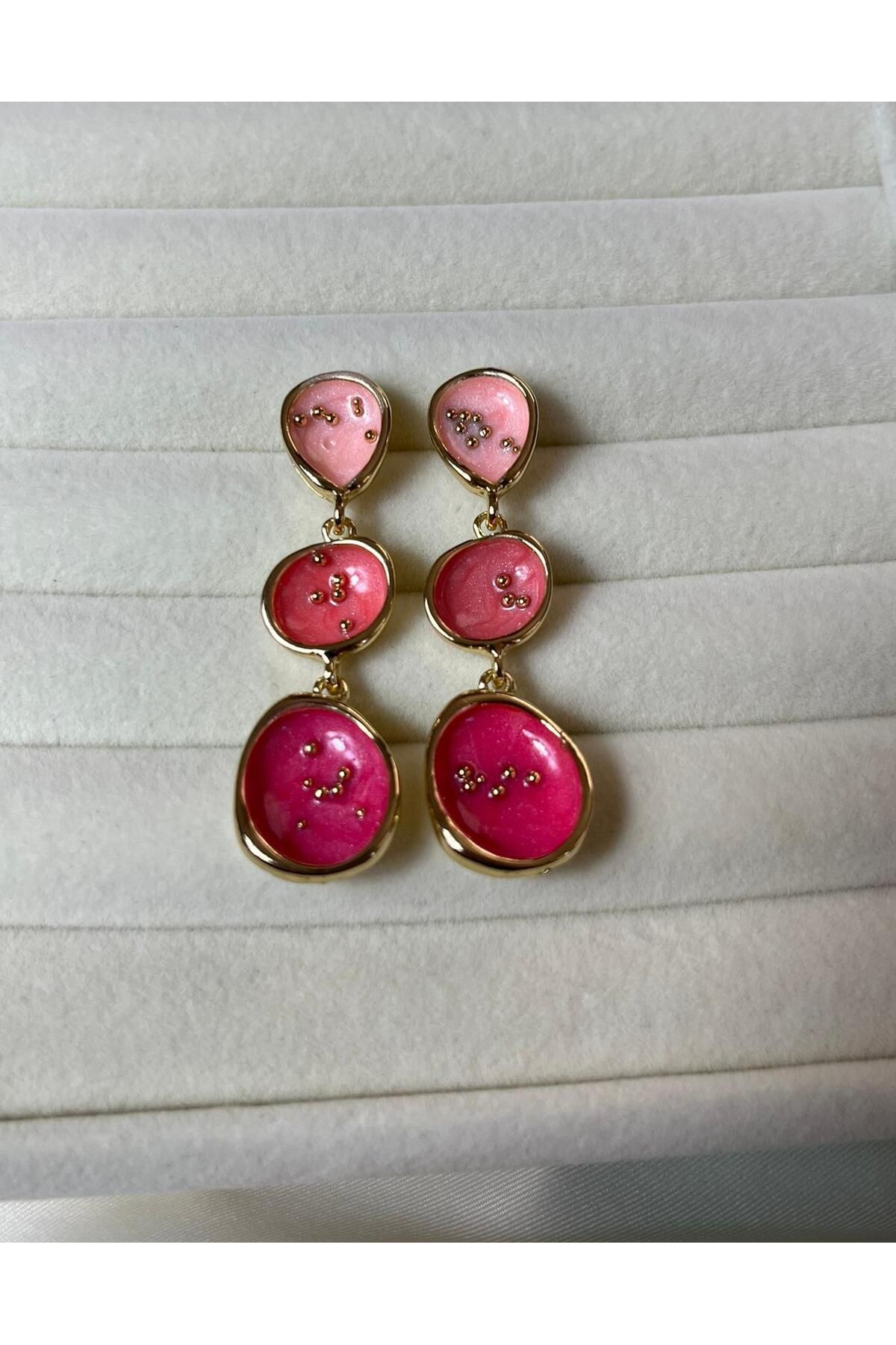 Orvix Accessories Pembe 3 Sıralı Kararmaz Sallantılı Vintage Kadın Yazlık Küpe Abiye Küpe Hediyelik Küpe
