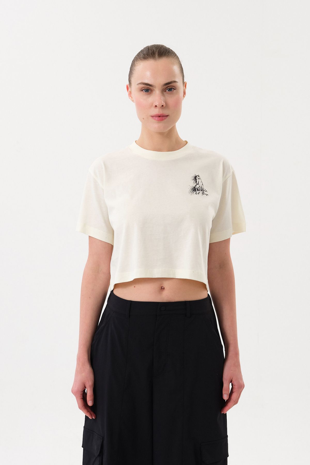 SPORTEMPT Kadın Crop Baskılı Bisiklet Yaka T-Shirt