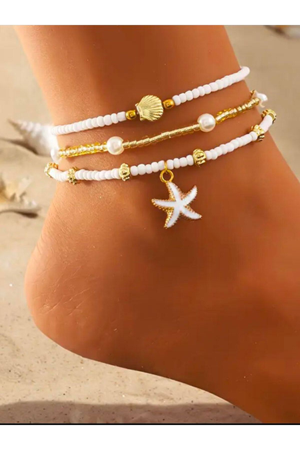 NevoAccessory Yıldız Beyaz Boncuklu 3'lü Halhal Set