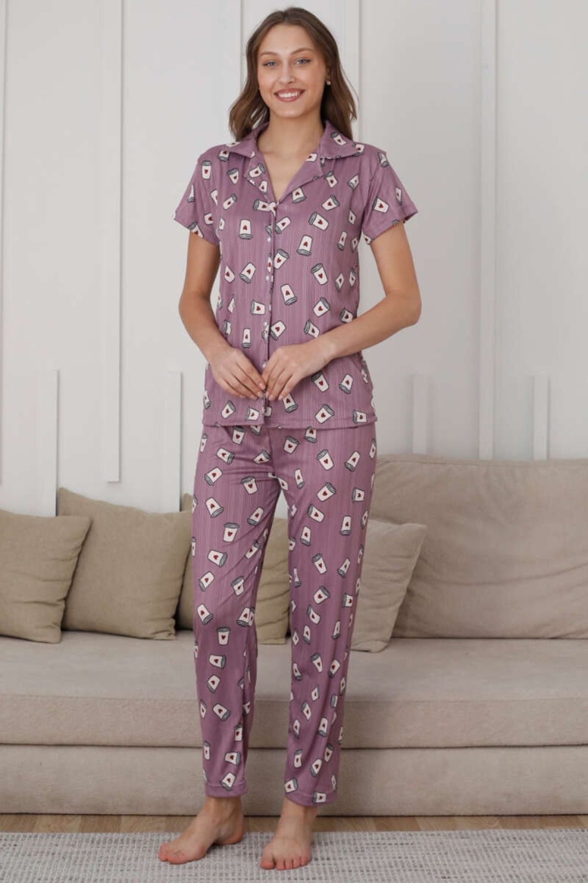 My Blog Lila Kahve Bardağı Desenli Düğmeli Pijama Takımı - 15655