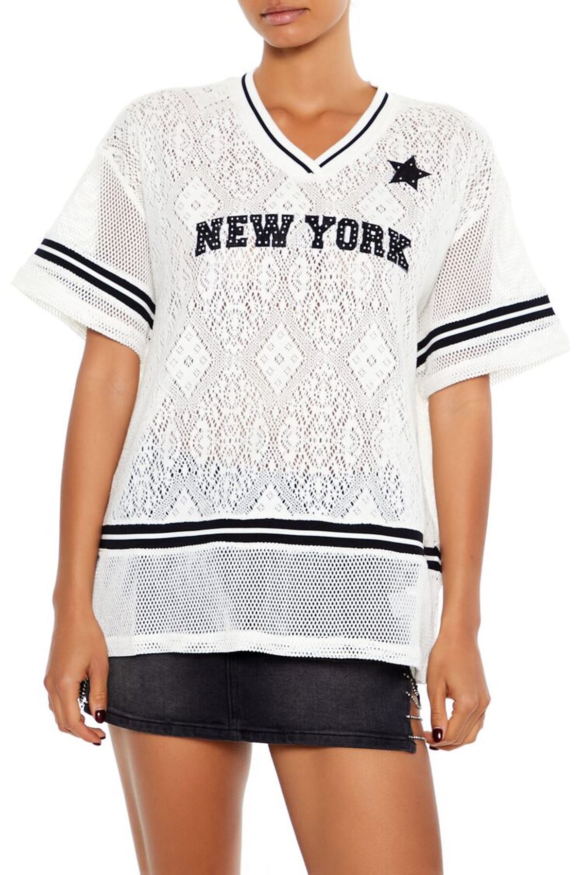 Forever 21 New York Varsity Çizgili Dantel Tişört