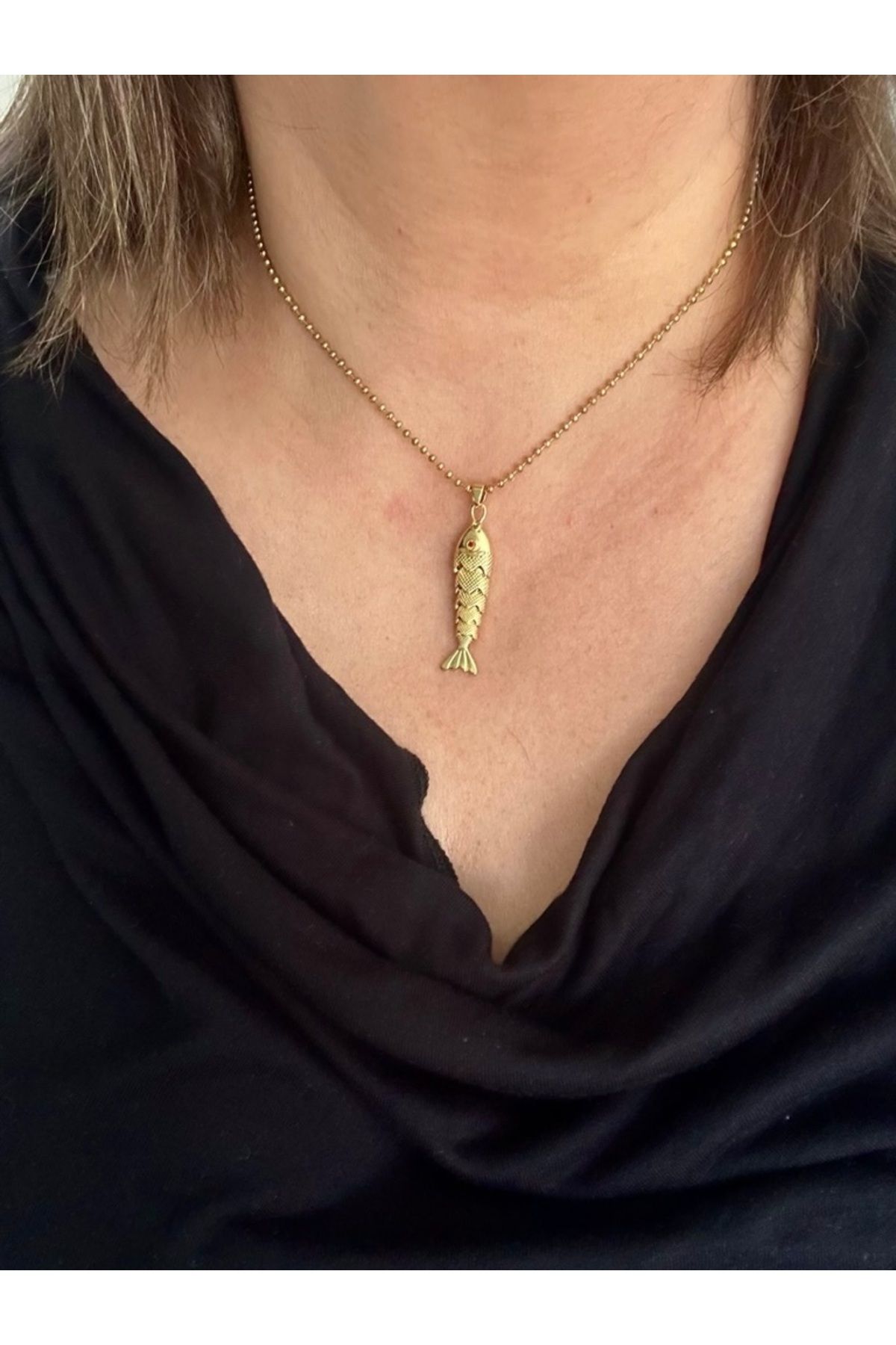 ALS Tasarım Dünyası Kadın 14 Ayar Çelik Kararmaz Gold Renk Topçuk Model Zincir Ortası Hareketli Balık Kolye 40+5 Cm