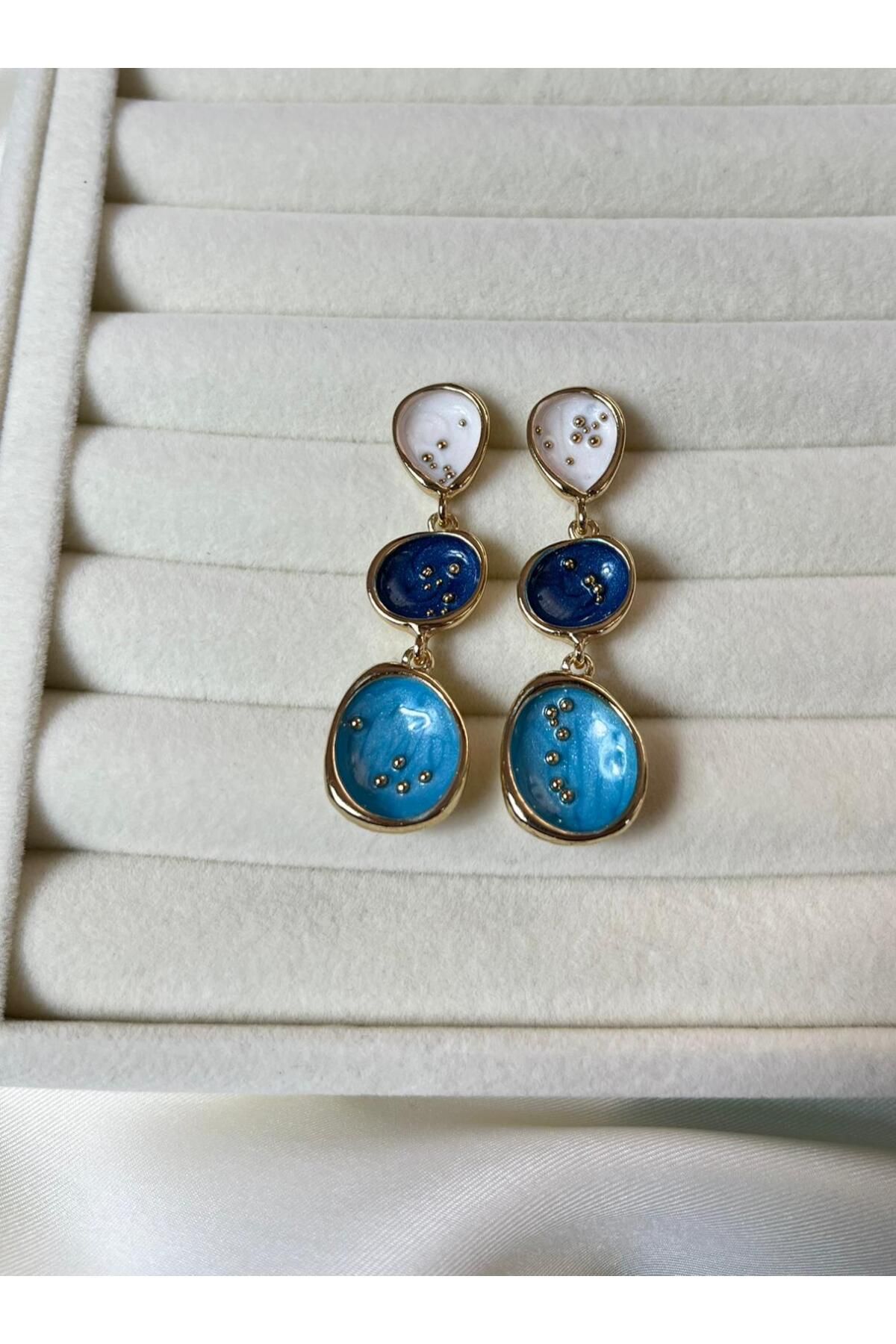 Orvix Accessories Mavi 3 Sıralı Kararmaz Sallantılı Vintage Kadın Yazlık Küpe Abiye Küpe Hediyelik Küpe