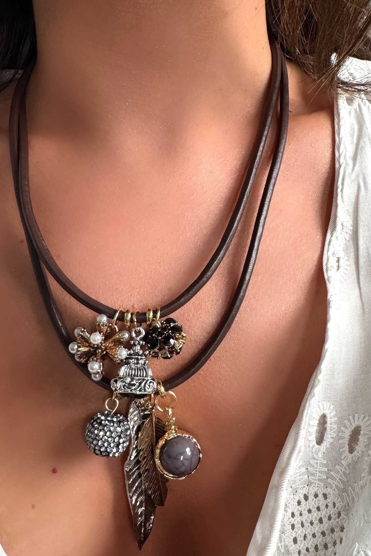 BYP Atelier 2'Li Charm Uçlu Kordon Kolye Kahverengi