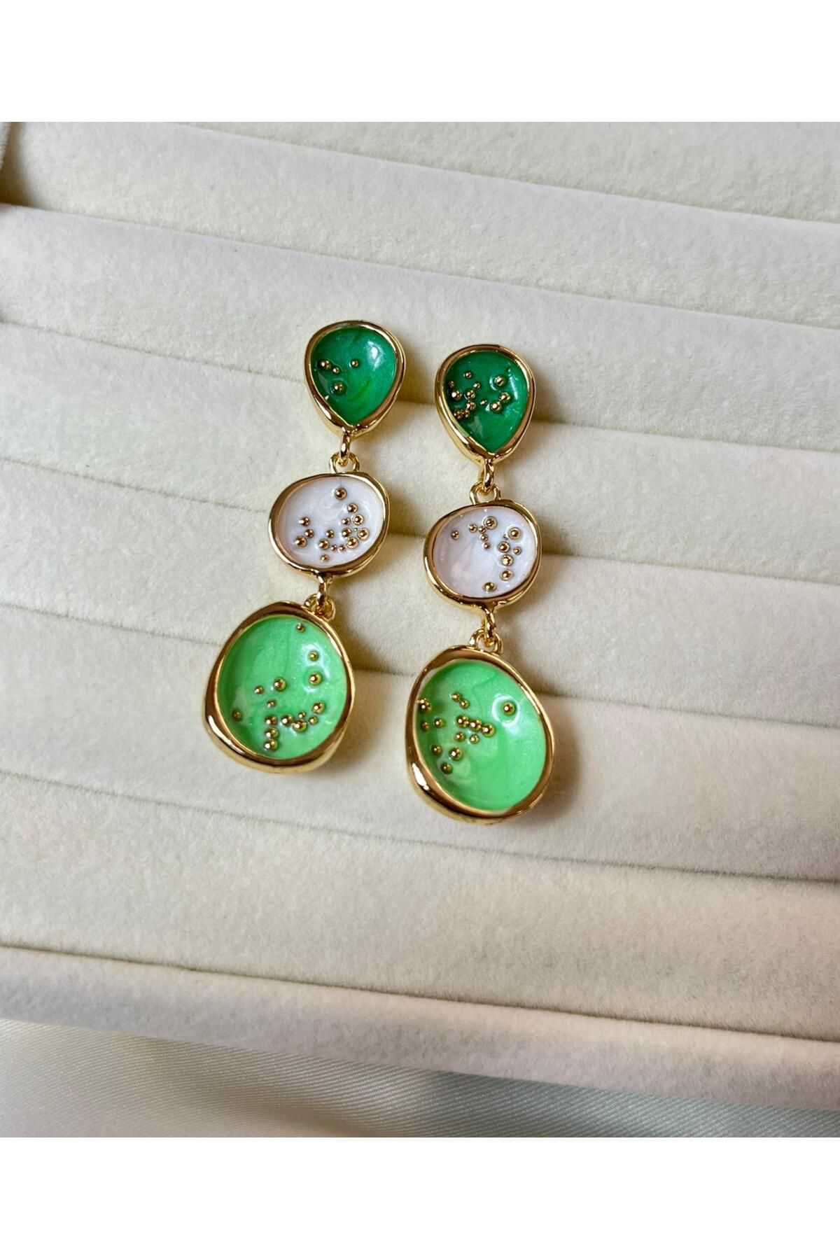 Orvix Accessories Yeşil 3 Sıralı Kararmaz Sallantılı Vintage Kadın Yazlık Küpe Abiye Küpe Hediyelik Küpe
