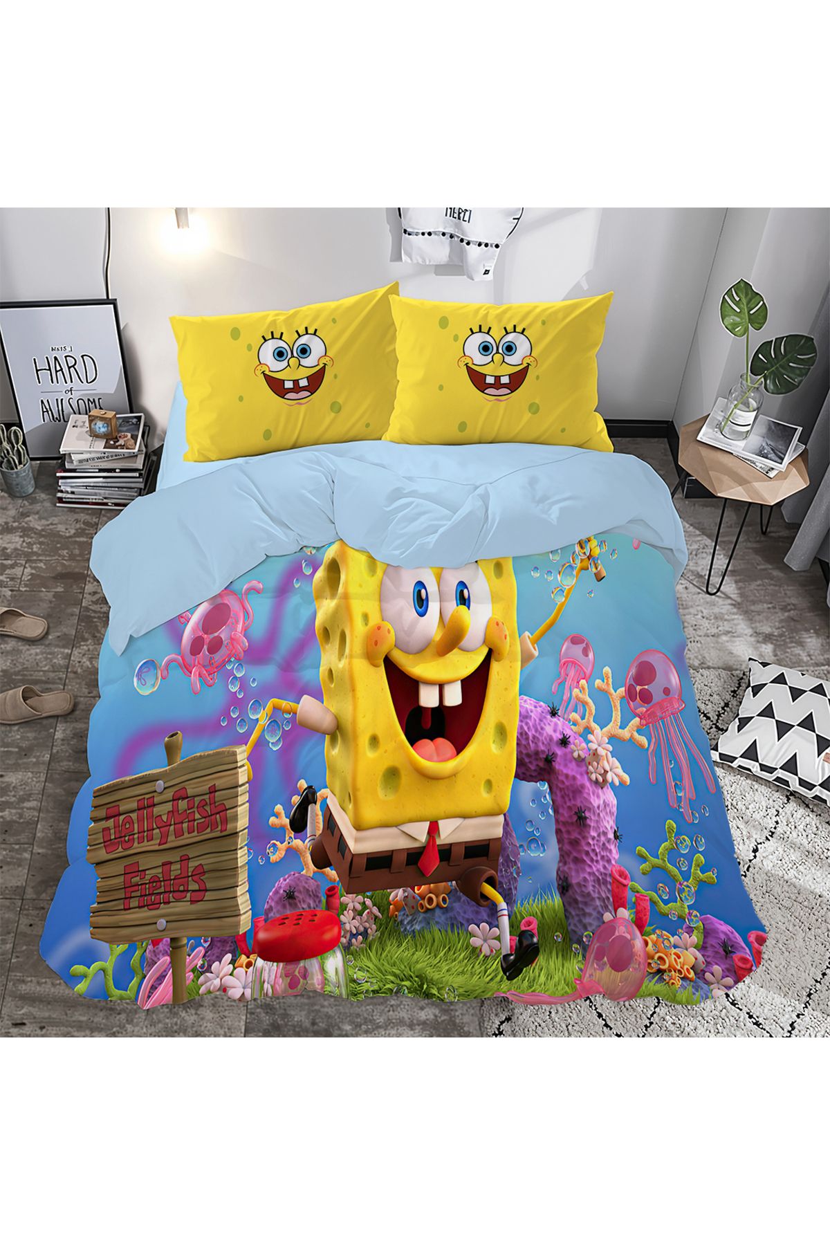 hediyechy GİFT DUVET COVER süngerbob temalı 3d Baskılı Çift Kişilik Nevresim Takımı