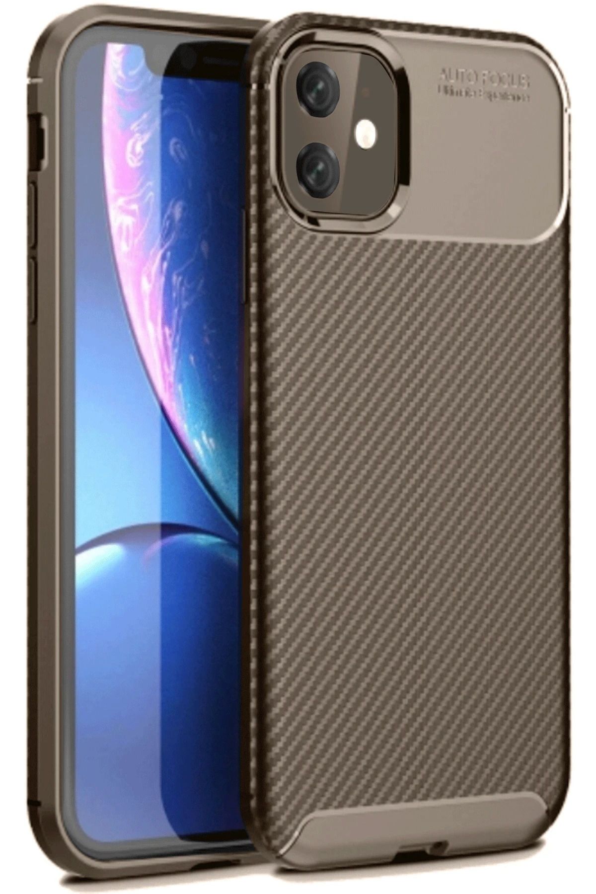 NewFace iPhone 11 Kılıf Auto Focus Karbon Kapak - Kahverengi LZWDR