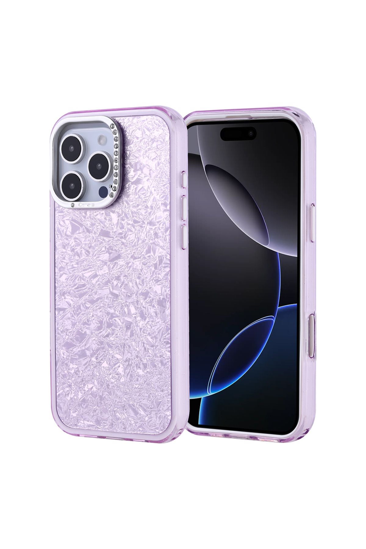 Strap U Apple iPhone 16 Pro Max Kırık Cam Efektli Işıltılı Kılıf Kamera Koruması Taşlı Tasarım Kapi Kapak