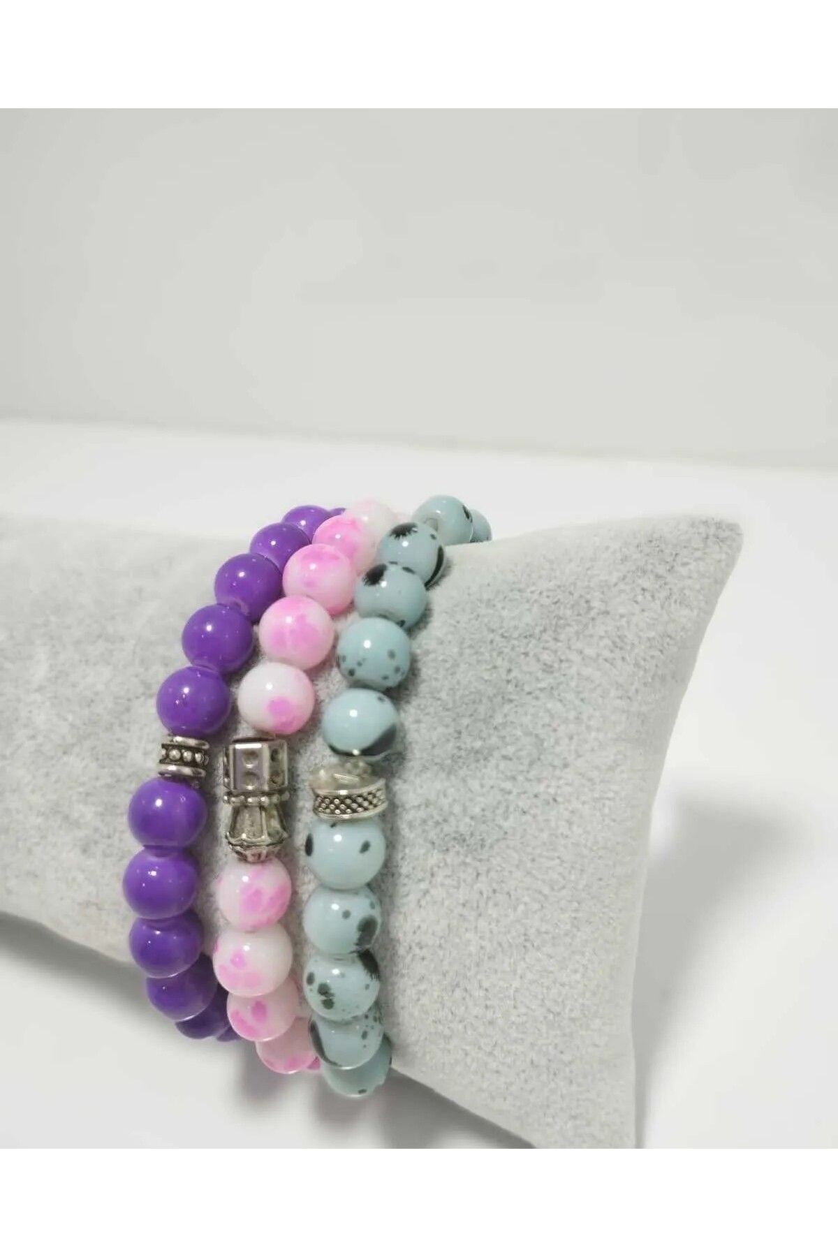 İZMİR.ACCESSORİZE TAKI & BİJUTERİ & AKSESUAR RENKLİ CAM BONCUK BİLEKLİK SETİ 3 ADET MOR & PEMBE & MAVİ