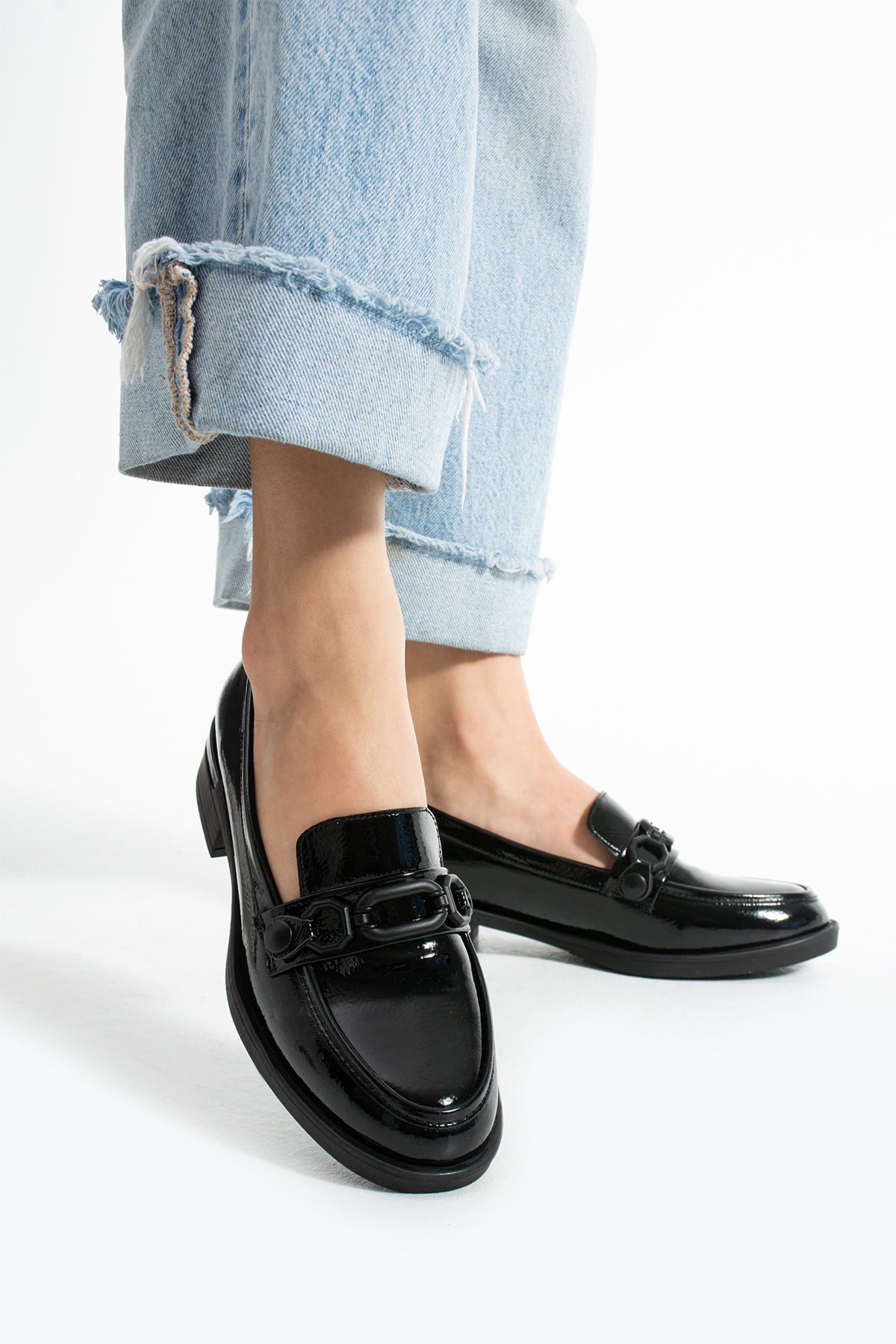 Güllü Shoes-Black Crinkled Patent Leather Buckle Vegan Leather Women's Loafer Shoes |   Comfortable Daily Office Stylish Shoes 2