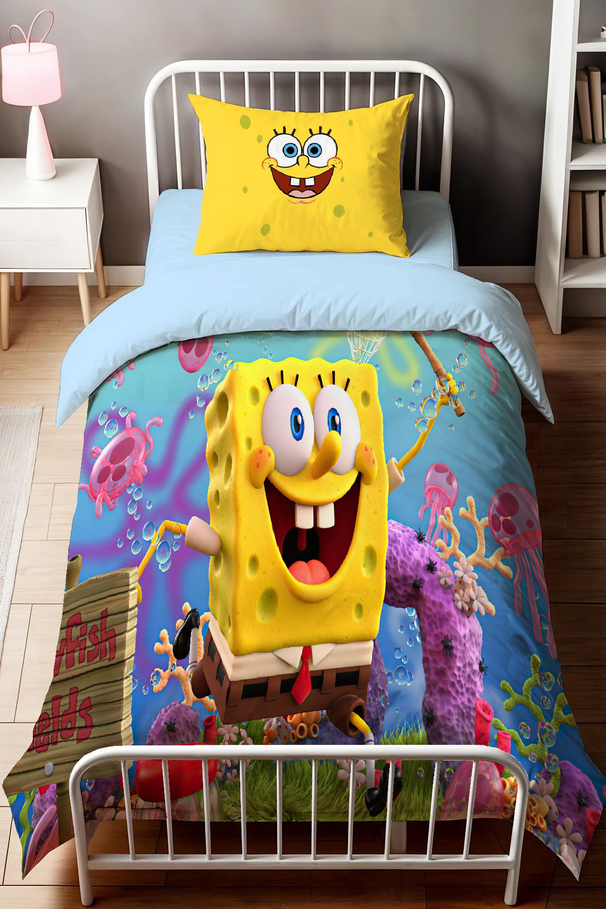 hediyechy Gift Duvet Cover Süngerbob 3d Dijital Baskılı Tek Kişilik Nevresim Takımı Çarşafsız