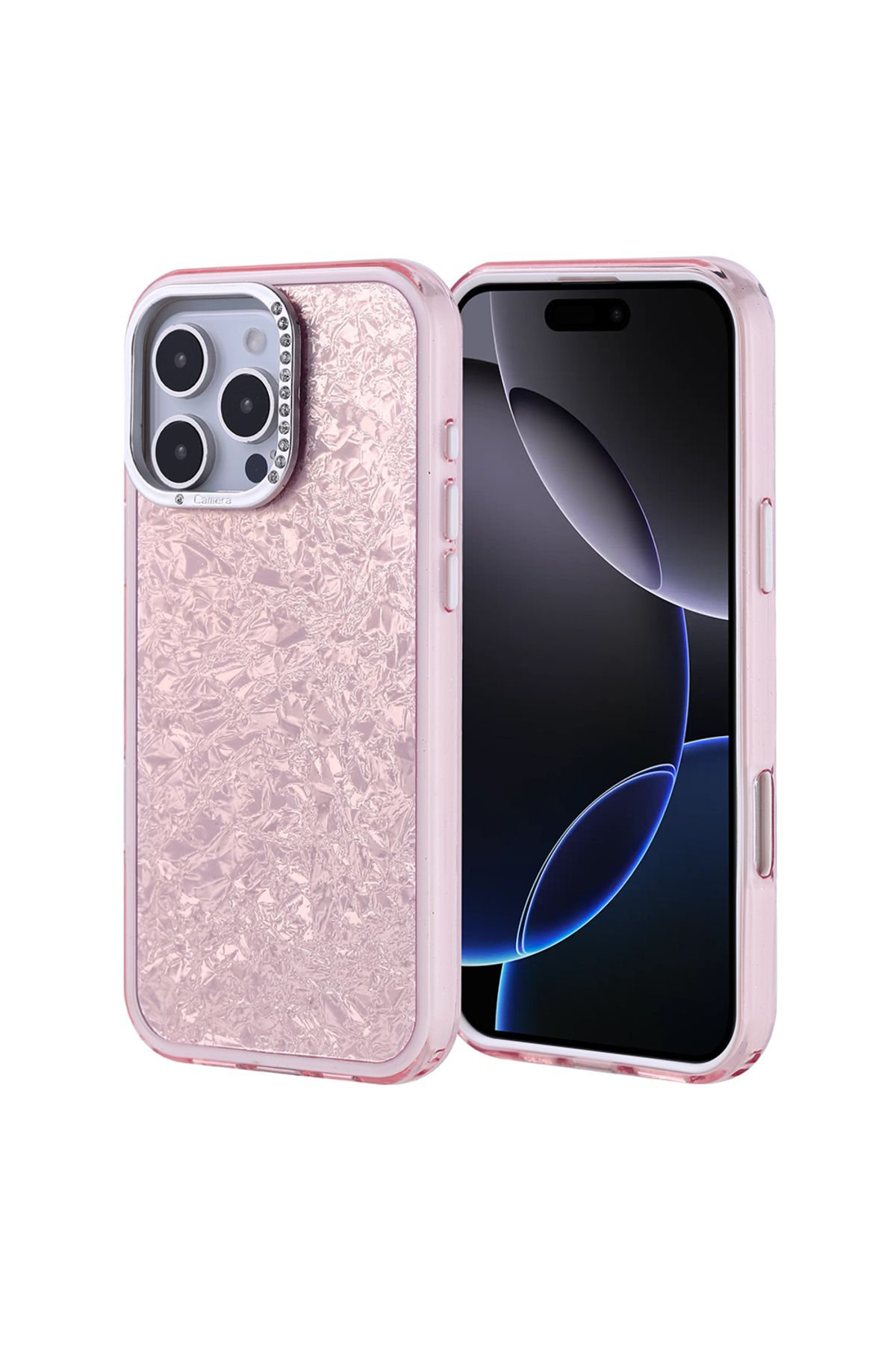 Strap U Apple iPhone 16 Pro Max Kırık Cam Efektli Işıltılı Kılıf Kamera Koruması Taşlı Tasarım Kapi Kapak