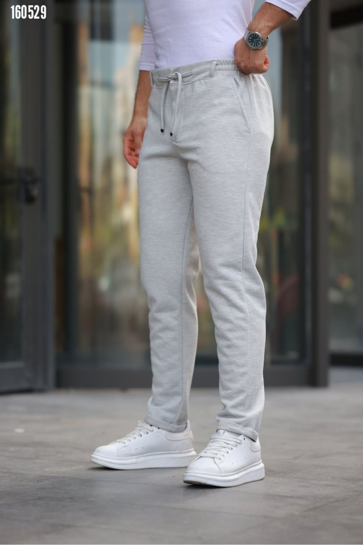 moda wanilia Erkek Bağcıklı Double Paça Örme Kumaş Jogger Pantolon