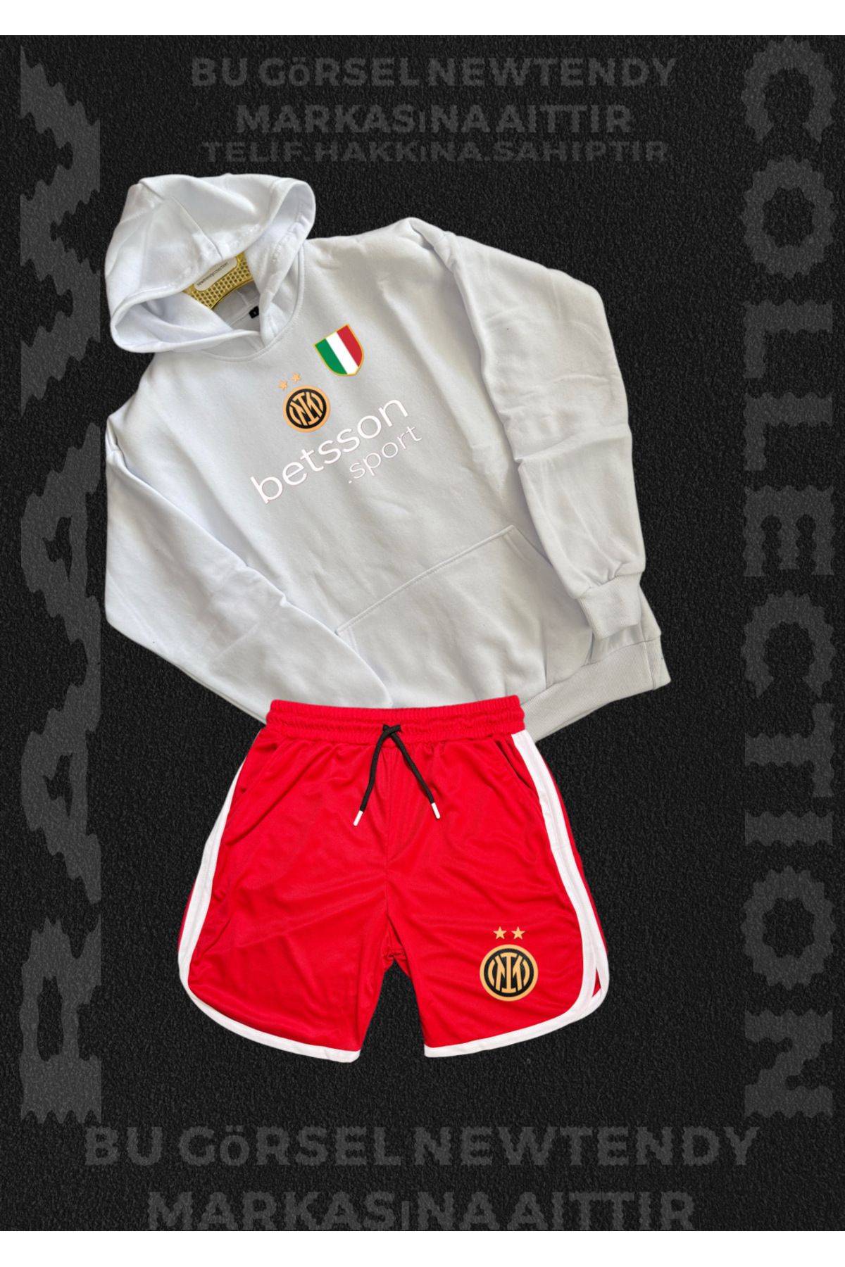 Minikelya Inter Milano Logolu Kapüşonlu Sweatshirt ve Şort Takımı Taraftar Spor Giyim Seti 2li kombin